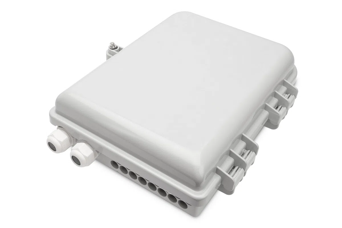 DIGITUS Scatola di distribuzione FTTH da esterno - 16x LC/Duplex o 16x SC/Simplex - Classe di protezione IP65 - Cassetta di giunzione per fibra ottica - Grigio