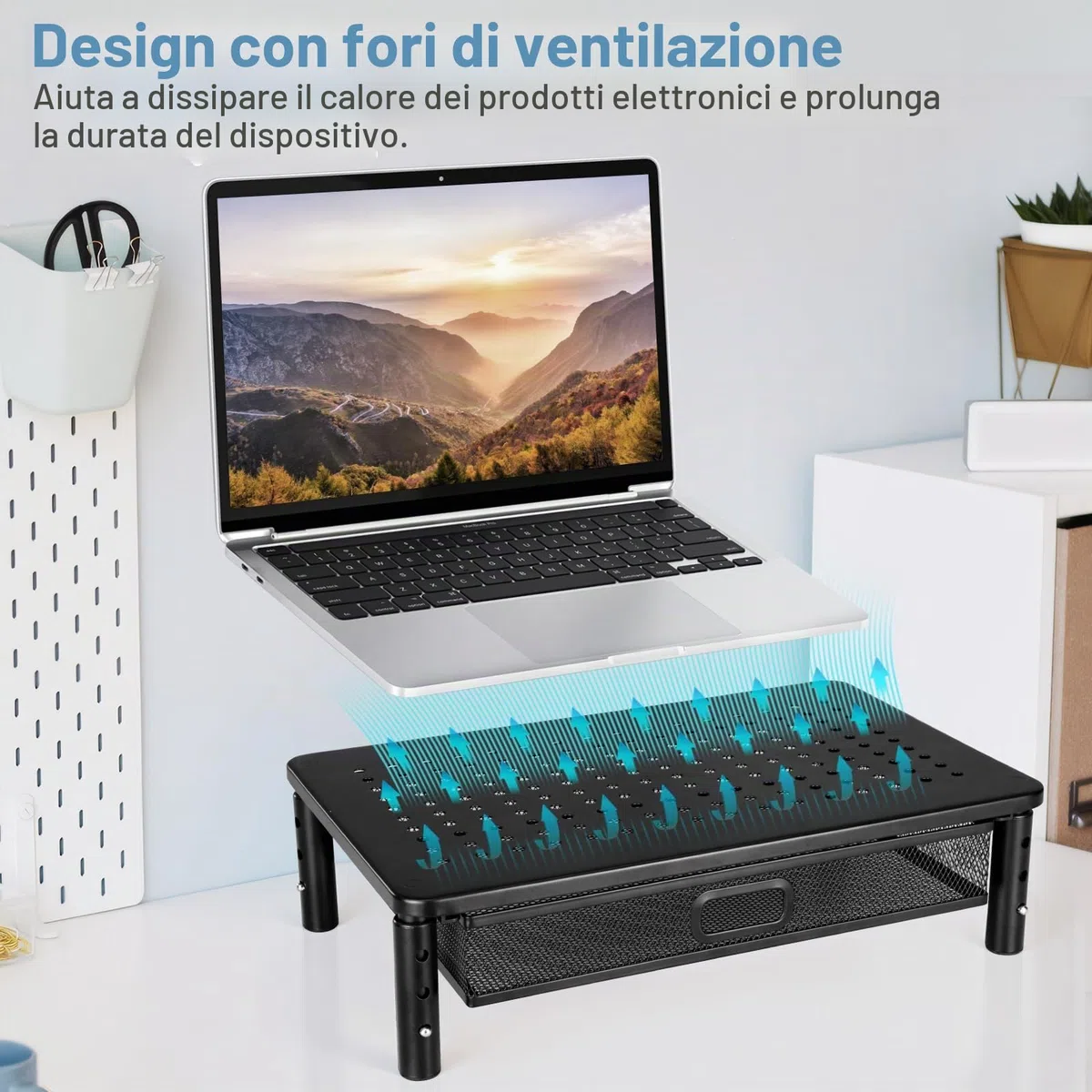 seOSTO Supporto per monitor con cassetto, supporto per monitor, 3 altezze regolabili con organizer, rialzo per monitor in metallo per laptop, computer, PC, stampante