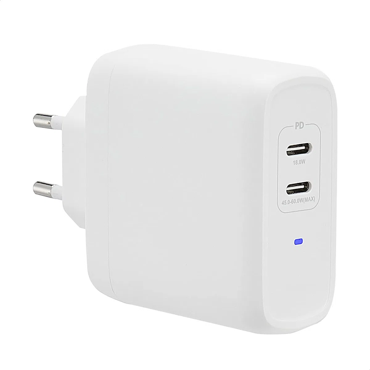 Amazon Basics Caricabatterie da parete USB-C a 2 porte, 68 W, GaN, per laptop, tablet e telefoni alimentati, bianco (non PPS), 6,6 x 2,94 x 6,24 cm