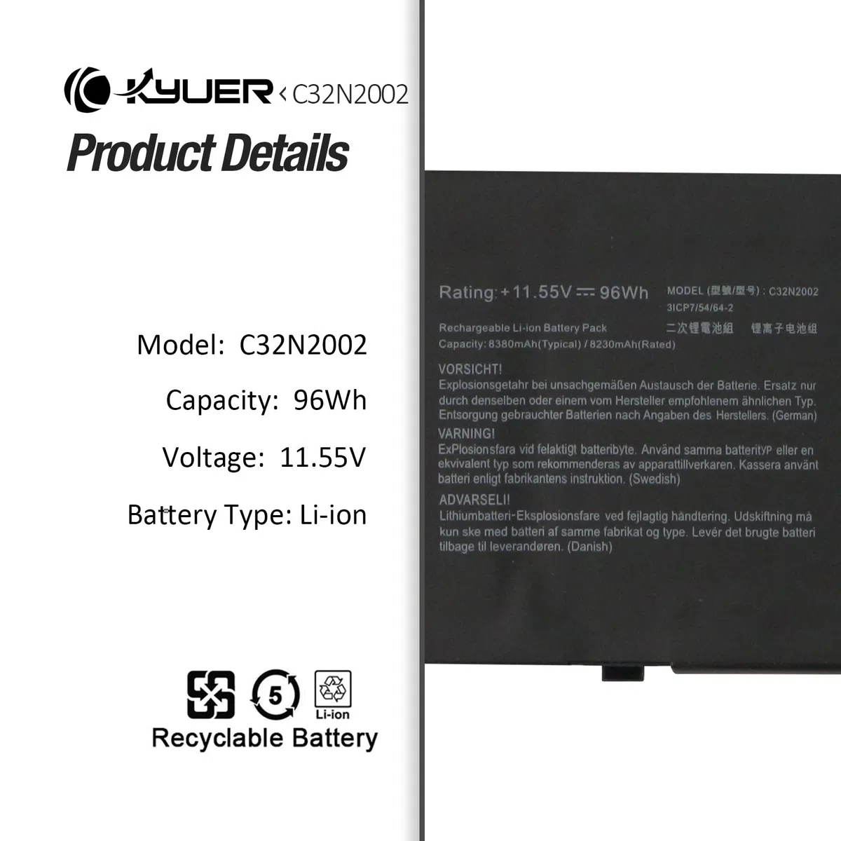 96Wh C32N2002 Laptop Batteria per Asus ZenBook Pro 15 OLED UM535 UM535Q UM535QE UM535QA UM535QH UX535 UX535L UX535LI Flip 15 UX564 UX564EH UX564EI UX564P UX564PH Q538 Q528 Q538E Q528E Q538EI Q528EH
