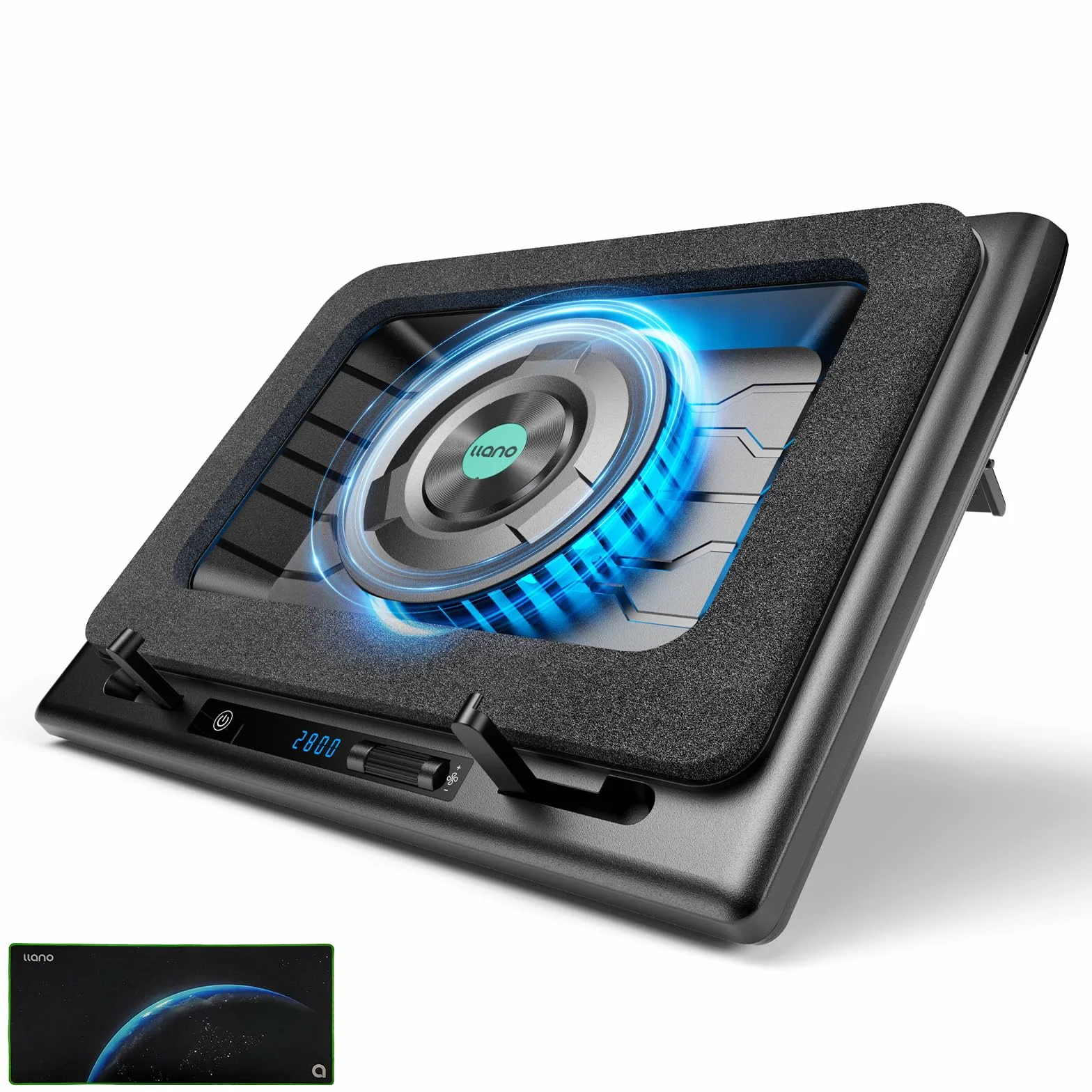 llano Base raffreddamento PC portatile Gaming con Controllo Tatto Continuo & Tappetino per Mouse, 3 Porte USB A, Ventilatore Turbo Extra Potente, Schiuma Sigillante per Notebook da 15-19'' (Senza RGB)