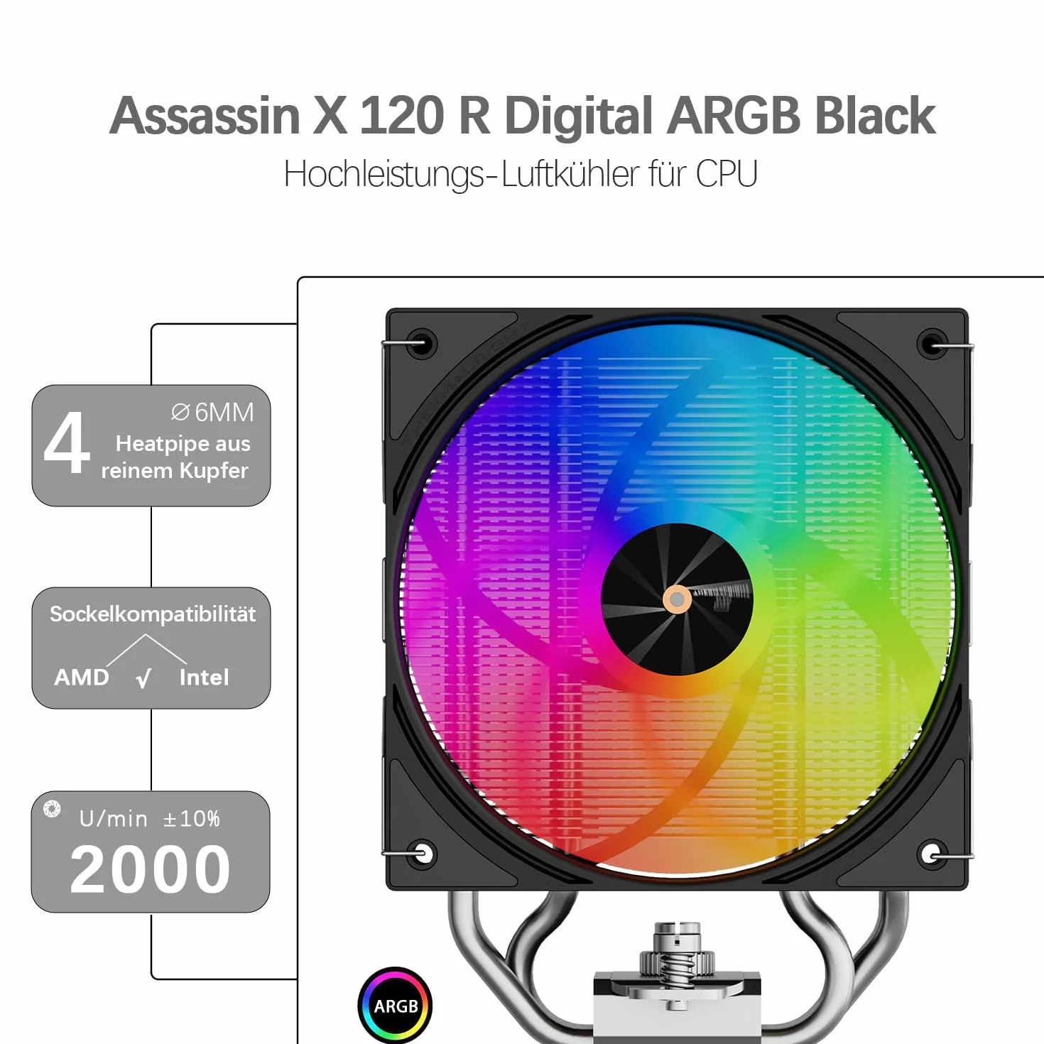 TR-Thermalright Assassin X 120 Digital ARGB Black Dissipatore per CPU, 4x6mm Heat pipe, Ventole PWM da 120mm-2000RPM, Copertura superiore con scheda a display digitale, per AM5/AM4, Intel LGA1851/1700