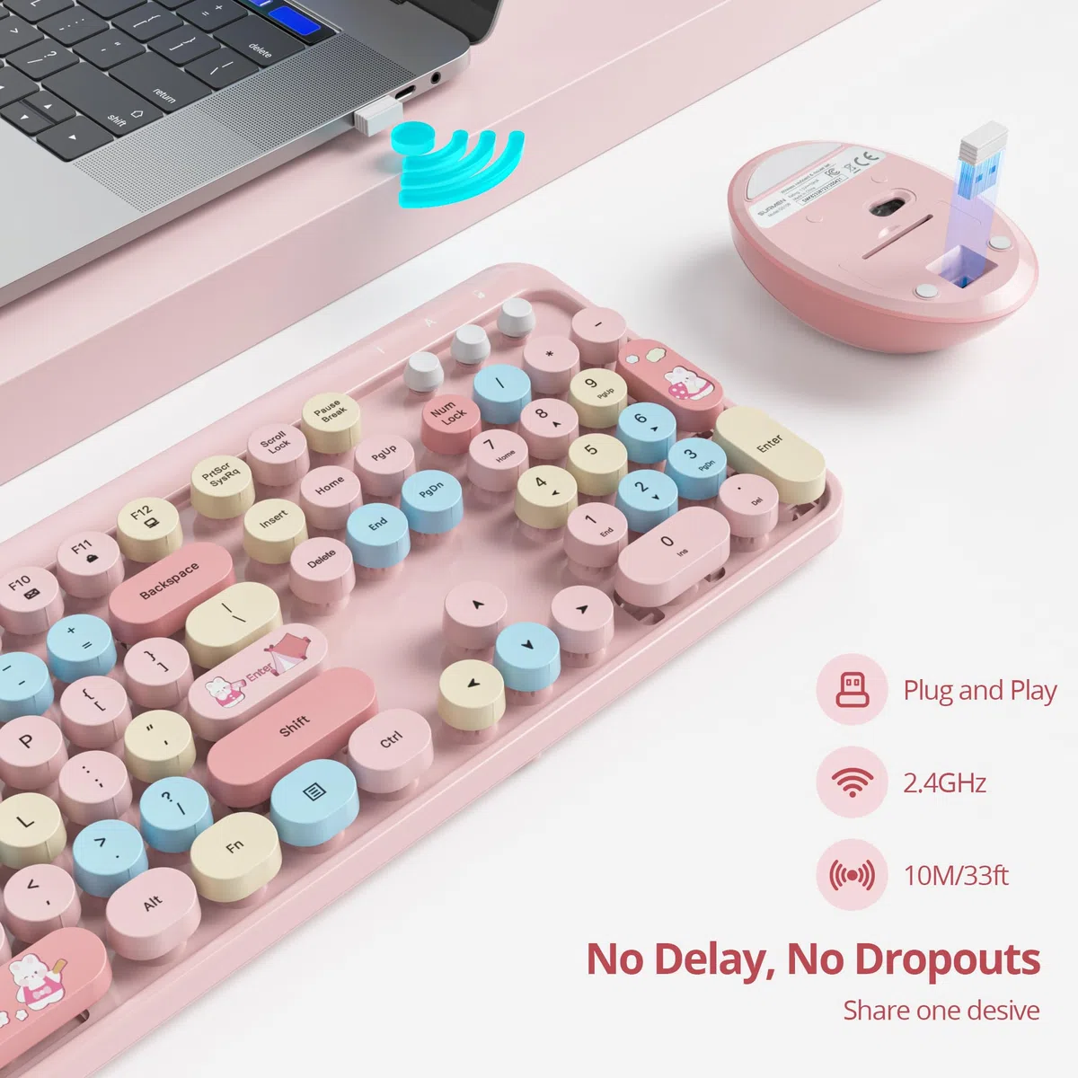 SOLIDEE Combo Tastiera e Mouse Wireless,tastiera macchina da scrivere retro,Tastiera per Computer con Tasti Rotondi 2.4GHz con Tastierino Numerico,Tastiera a 104 Tasti(Americana QWERTY)(Mixed Pink)