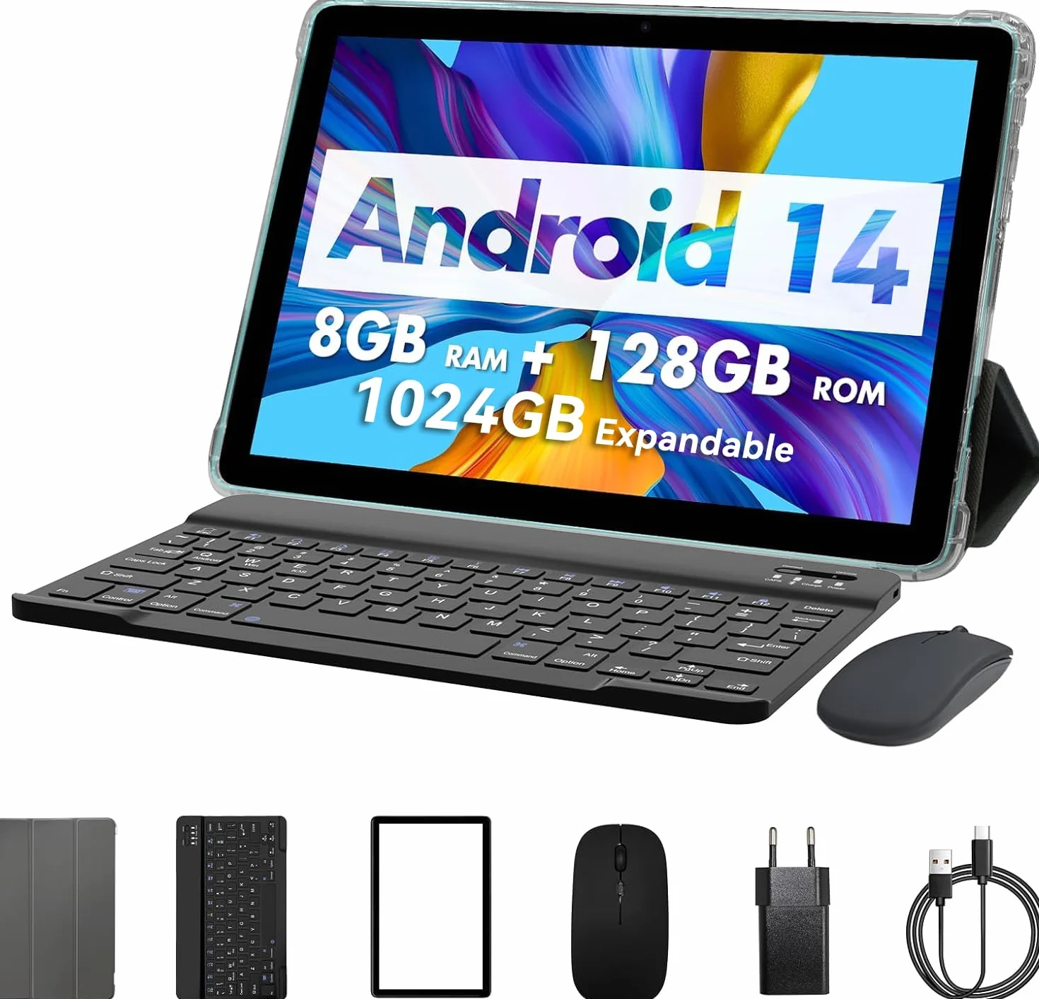 PRITOM Tablet Android 13 da 10 pollici, 8 GB (4 + 4), 128 GB, espandibile 1 TB, 8000 mAh, WiFi, processore Qcta Core, WiFi 6, Bluetooth, tablet da gioco, tablet PC con borsa, tastiera, mouse, Teal