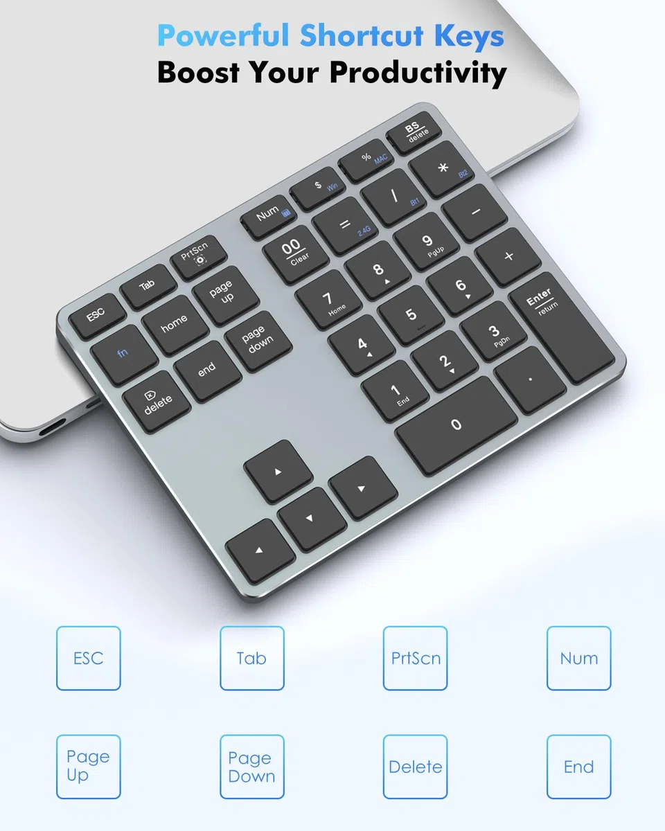MoKo Tastiere Numeriche Bluetooth, Tastiera Wireless Ricaricabile a 35 Tasti, Keypad Wireless Bluetooth 2.4 GHz, Tastierino Numerico Bluetooth per Laptop Computer Tablet MacBook iPad, Grigio Scuro