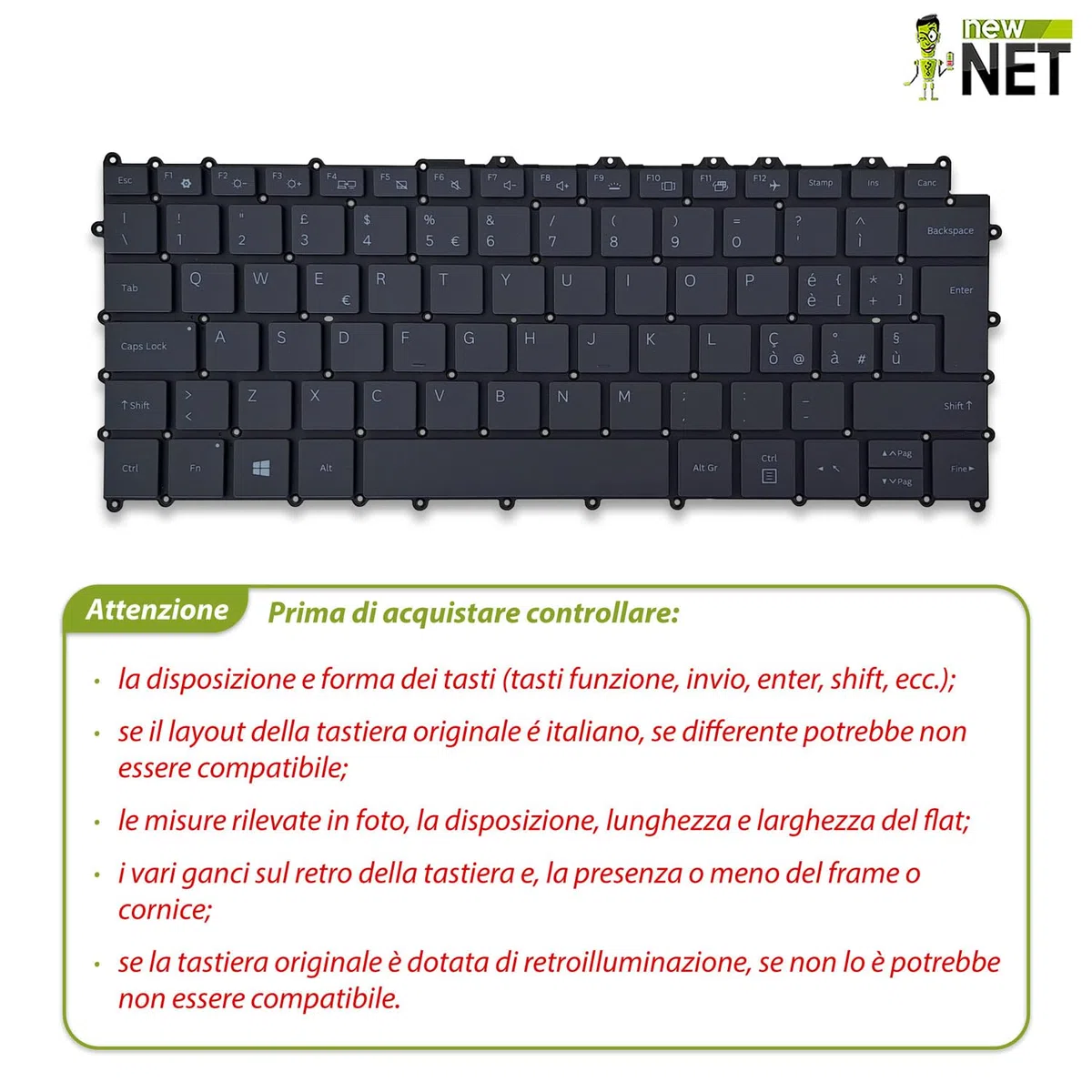 new net - Tastiera compatibile con Samsung Galaxy Book S NP767XCM-K01IT, SM-W767NZNAITV [Senza frame - colore tasti Grigio - Retroilluminata - Layout ITA]