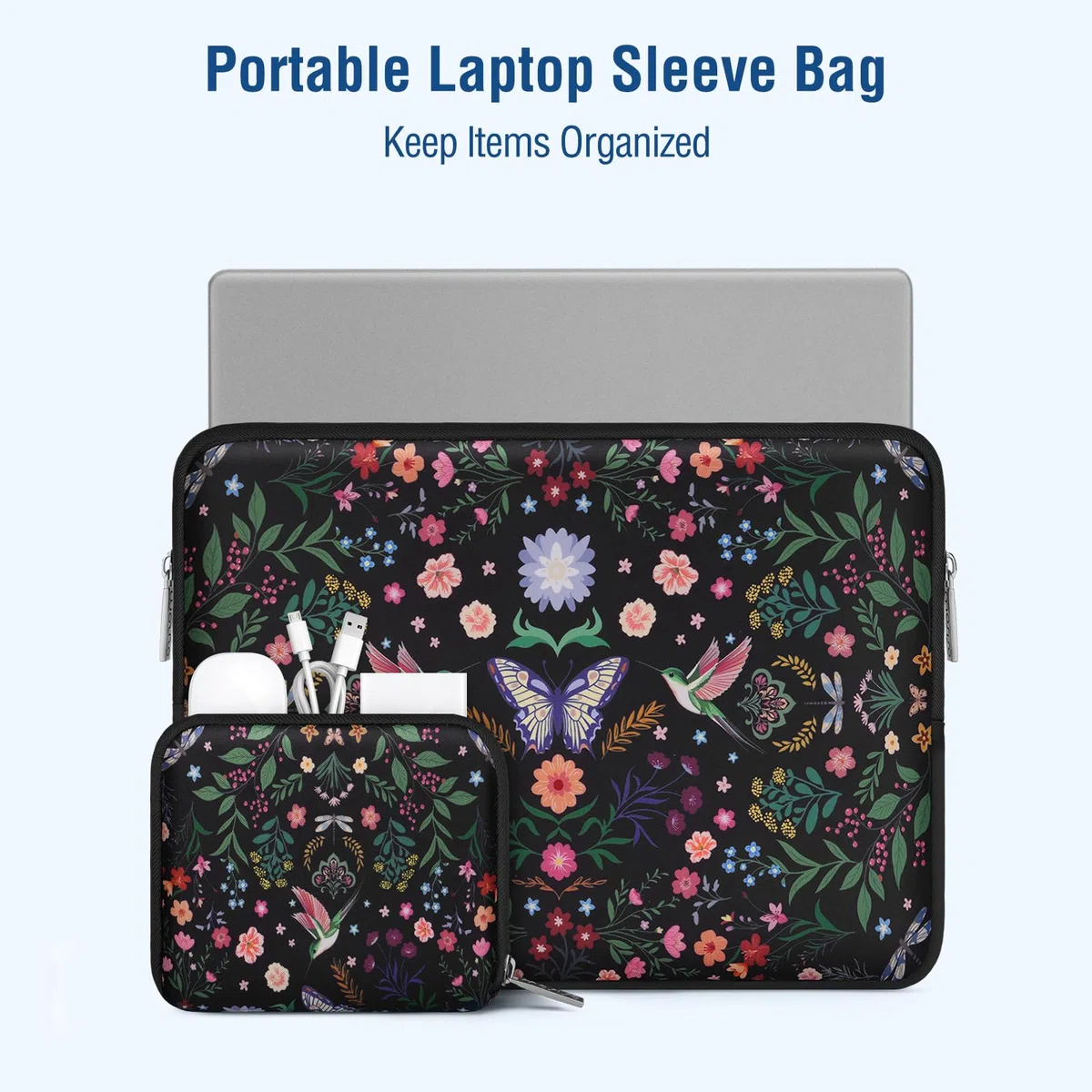 MOSISO 16 Pollici Custodia Laptop,15-15.6 Pollici Borsa PC Compatible con MacBook Pro 16,HP Acer Dell Lenovo ASUS Notebook,Borsa Computer Neoprene con Colibri,Piante&Fiori,con Custodia Piccola,Nero