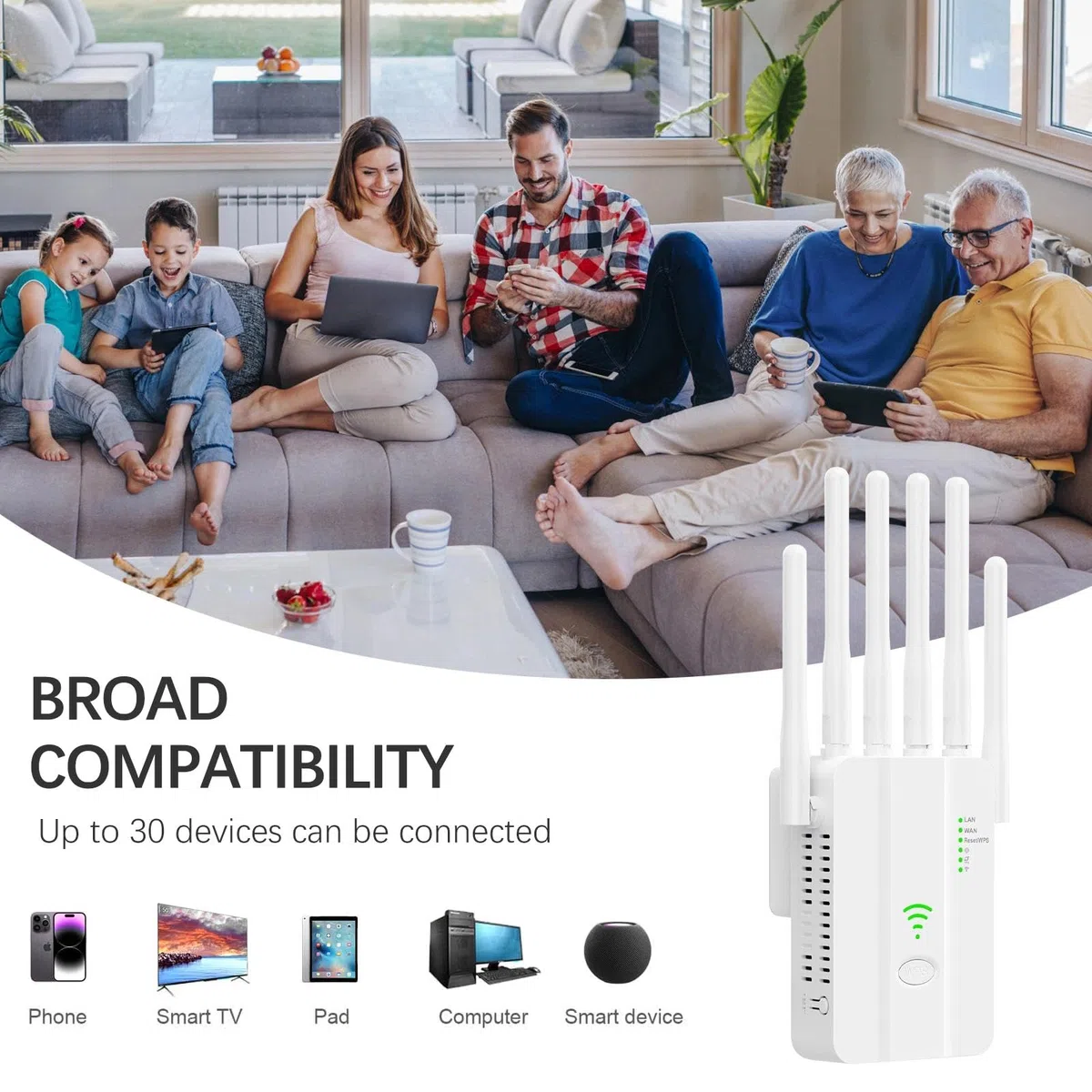 Amplificatore WiFi 1200 Mbps per Casa, Ripetitore Segnale WiFi 2.4GHz/5GHz con 6 Antenne ad Alto Guadagno, Porta LAN Gigabit, Modalità Router/AP, WPS, per Streaming Gaming Online Senza Interruzioni