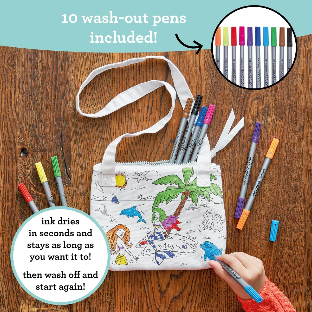 eatsleepdoodle Borsa da colorare bambini con 10 pennarelli lavabili per bambini, borsa da colorare 8,5" x 7"