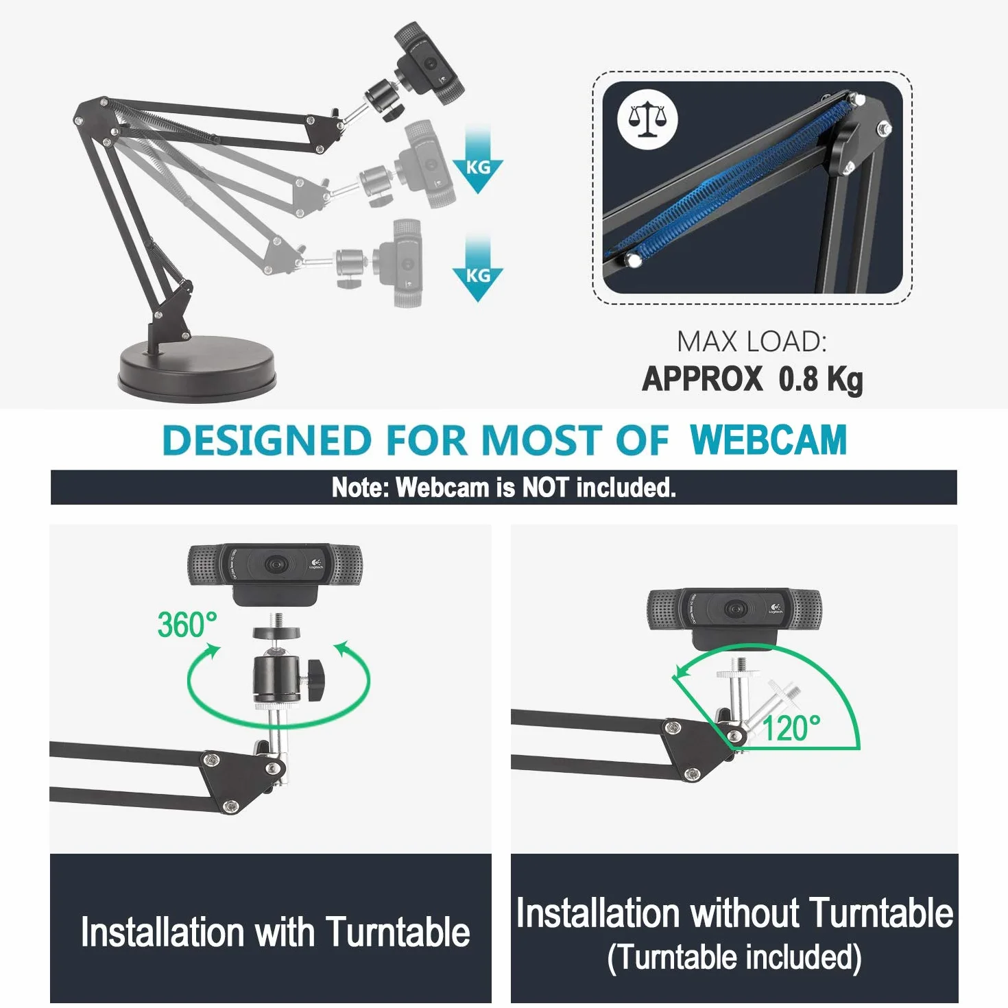 Supporto per Webcam, supporto per braccio da 22 pollici con base, compatibile con Webcam Logitech C925e C922x C922 C930e C930 C920 C615, GoPro Hero 8/7/6/5, Arlo Ultra/Pro/Pro 2 / Pro 3/Brio