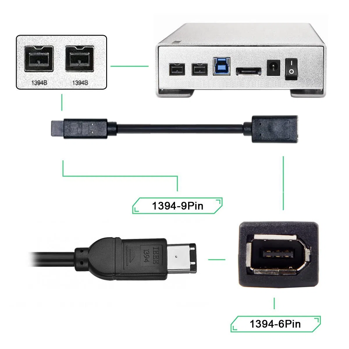 chenyang IEEE 1394 6Pin Femmina 1394a a 1394b 9Pin Beta Maschio Firewire 400Mbps a 800Mbps Dati Video Cavo 20cm