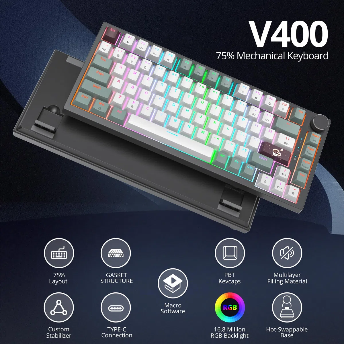 SOLIDEE Tastiera da gioco meccanica cablata 75%,tastiera hot swappable,Tastiera meccanica Gasket,tastiera da gioco meccanica compatta rgb, retroilluminazione,82 tasti Tastiera NKRO con il pulsante(82