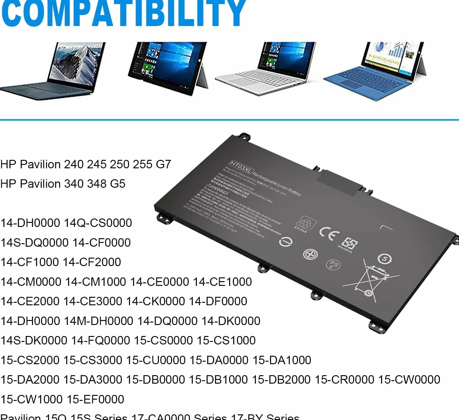 HT03XL Batteria di ricambio per HP Serie 240 245 250 255 G7 340 348 G5 Pavilion serie 14-DH 14Q-CS 14-CE 14-CK 14-DF 14-DQ 15-DW 15Q 15S X360 14M-DH Series HT03041XL L11111 9-855 L11421-542 L11421-2C2