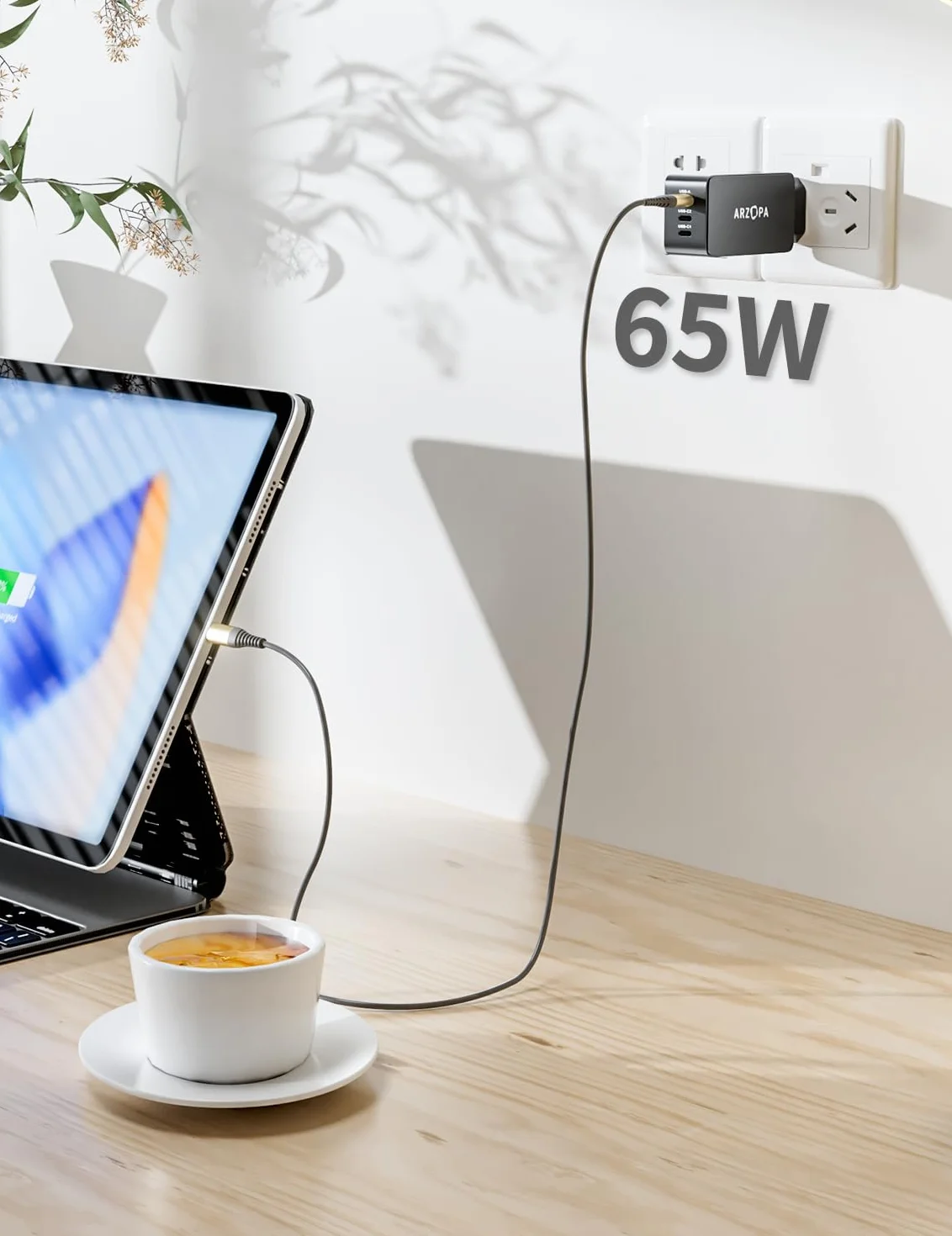 ARZOPA 65W Caricatore USB C Rapido Multiplo GaN Alimentatore 3 Porte Caricabatterie USB C PD 3.0 PPS Compatibile Galaxy S24/S23/S22/S21, MacBook PRO/Air, iPad PRO/Air, iPhone 15/14/13-C65