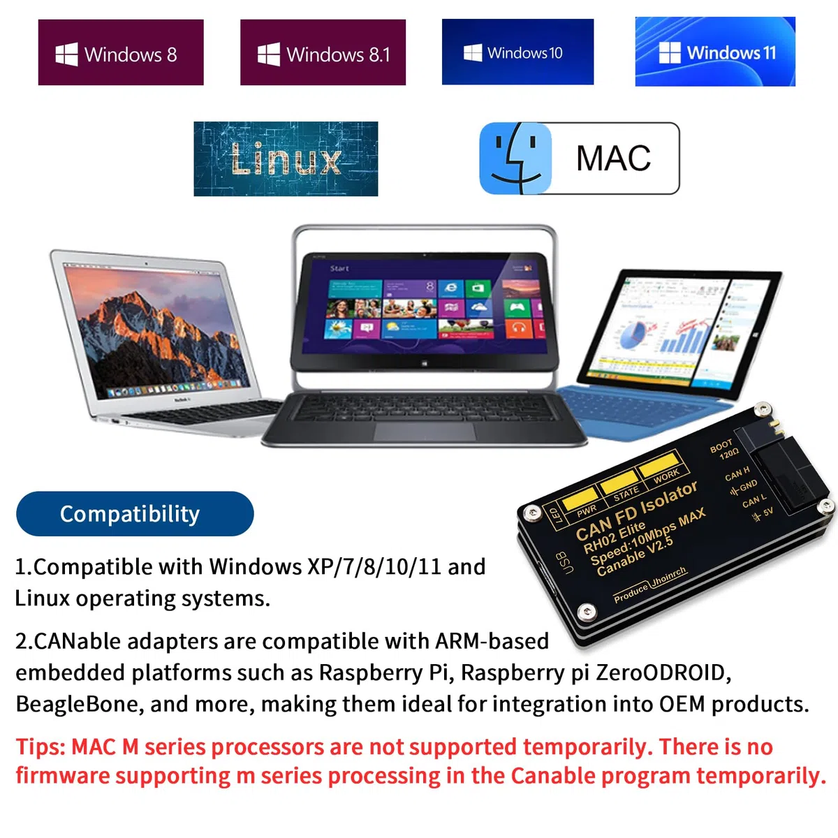 Convertitore adattatore isolato da USB a CAN FD basato su CANable V2.5 supporta fino a 10 Mbps
