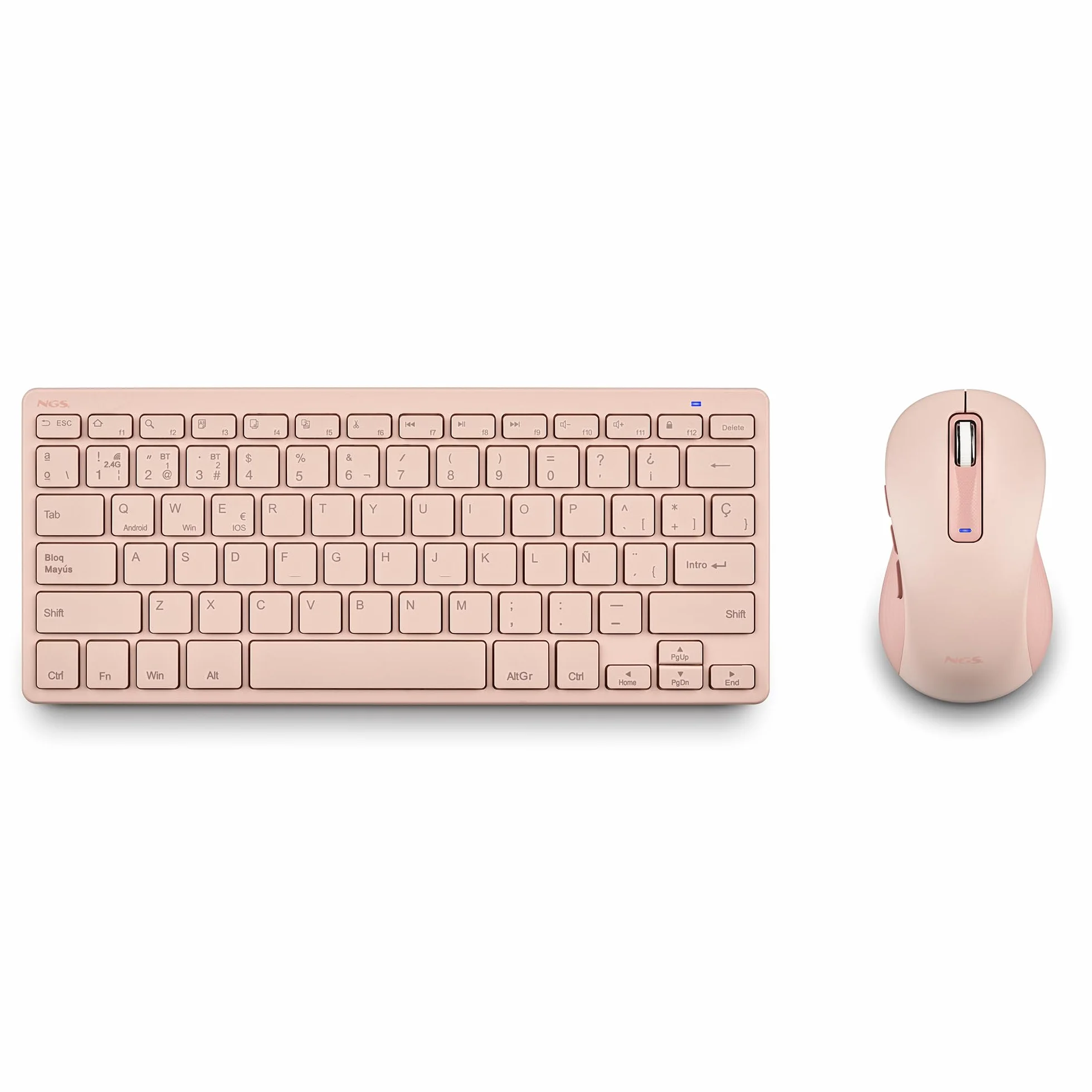 NGS Fantasy Kit Pink – Tastiera e mouse wireless spagnolo QWERTY, silenzioso ricaricabile, multimodalità 2.4 GHz e Bluetooth, 12 tasti multimediali, DPI regolabile, colore rosa