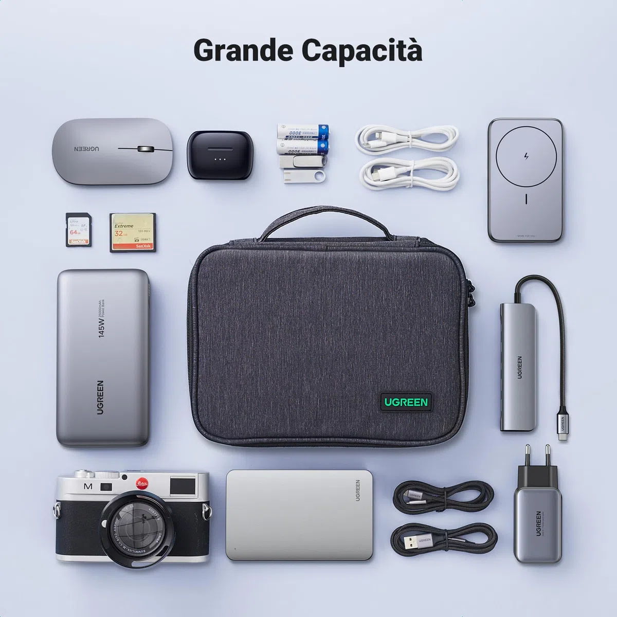 UGREEN Borsa Accessori Elettronici da Viaggio, Organizer Cavi Porta Compatibile with iPad Mini 5 4, Smartphone, Power Bank, Cable, Hard disk, ecc