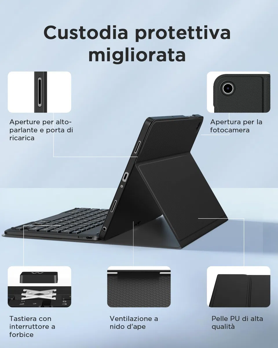 EasyAcc Cover con Tastiera Compatibile con Samsung Galaxy Tab A11 Plus/A9 Plus 11 pollici con Pellicola Protettiva, [Italiano], Custodia Protettiva per Tastiera Rimovibile con Portapenne, Nero