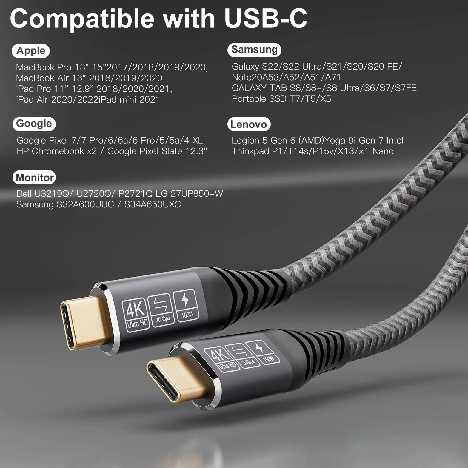CAKOBLE Cavo 20 Gbps USB Type-C 3.2 Gen2, 100W 20V/5A Ricarica Rapida, Trasmissione Video 4K @ 60Hz Per Tablet, Hub, Telefoni Cellulari, Dispositivi USB C 2M
