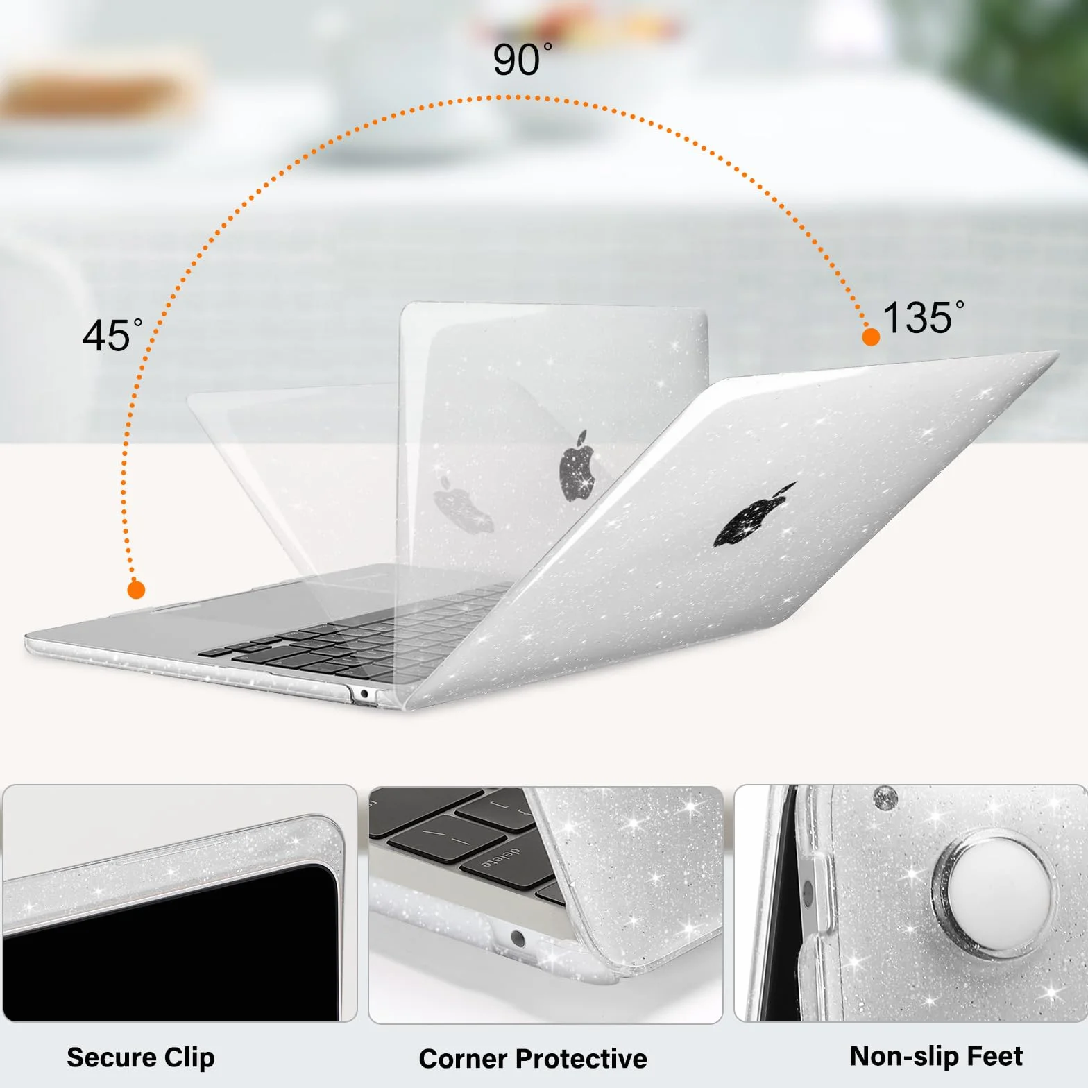 MOSISO Custodia Compatibile con MacBook Air 13 Cover M5 M4 M3 M2 2026-2022 A3449 A3240 A3113 A2681, Glitter Case per MacBook Air 13,6'' display Liquid Retina&Copritastiera&Pellicola, Trasparente