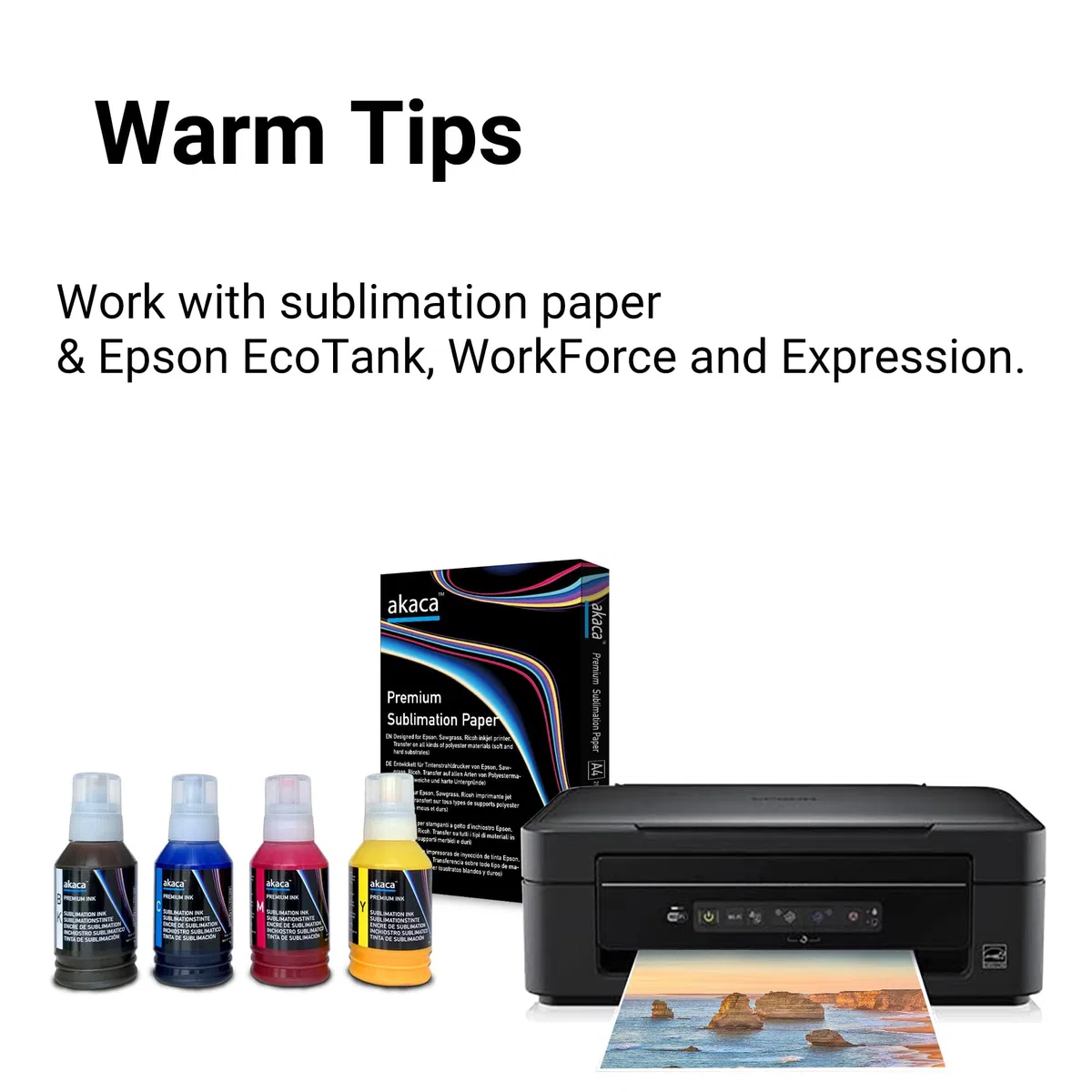 akaca Inchiostro Sublimazione 560ML Set con 100 fogli sublimazione A4, 210 x 297 mm, 125 g/m², Compatibili con Epson EcoTank Supertank Stampante ET-2720 ET-2760 ET-2800 WF7710 ET-2850