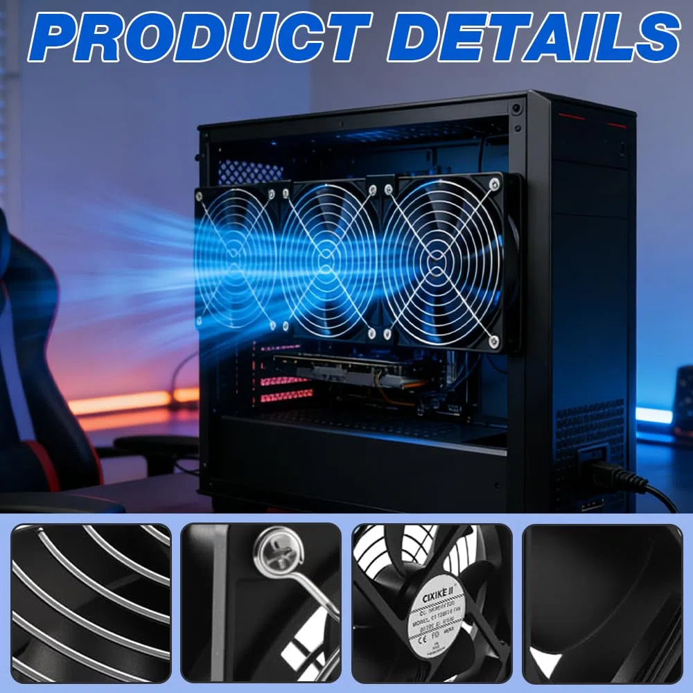 Ventola per PC da 360 mm, 3 ventole da 120 mm, ventola per PC da 12 V, con spina di alimentazione e regolatore di velocità continuo, 2700 giri/min, silenziose e potenti fan per computer, server, TV