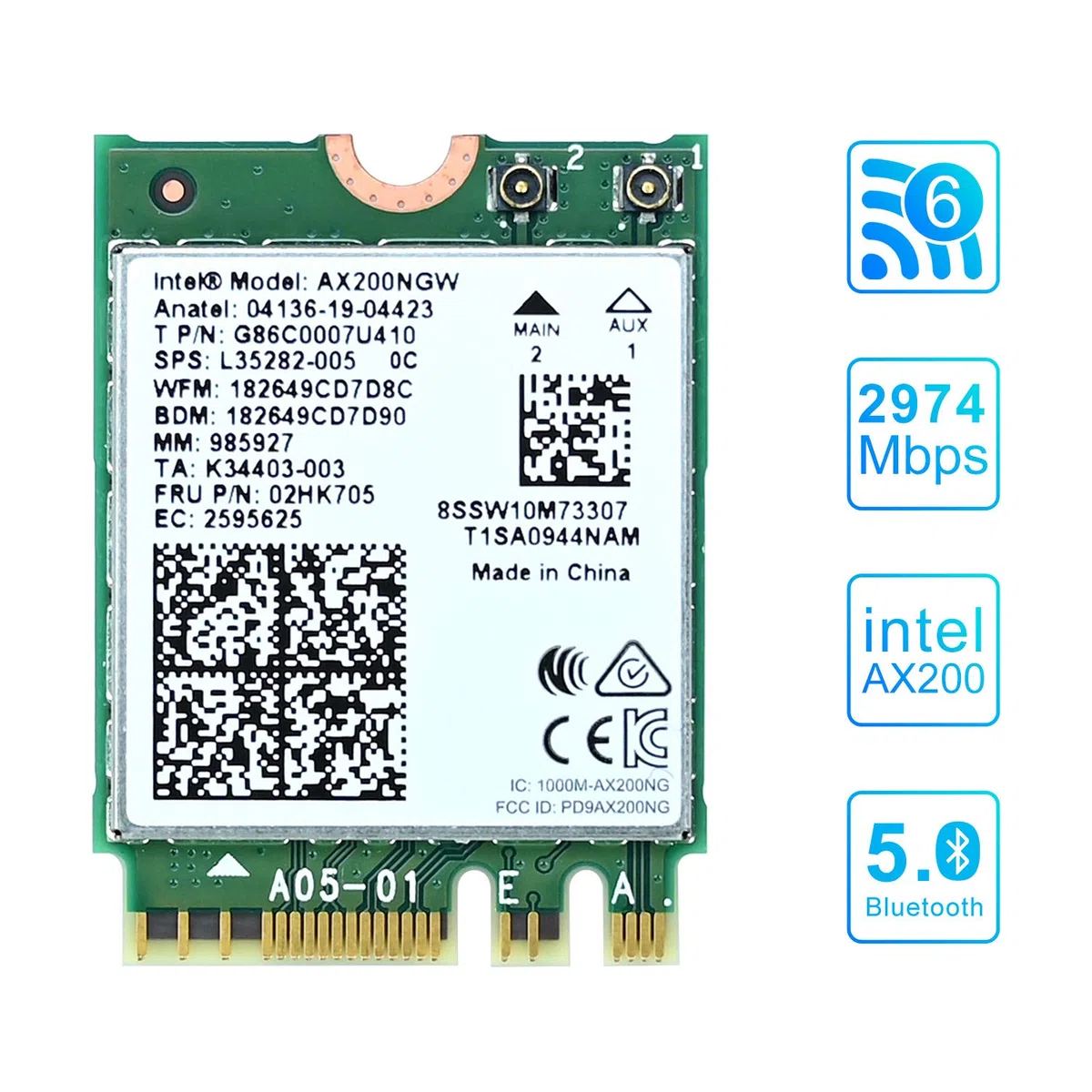 Podazz Scheda di rete AX200 NGW WiFi, Dual Band 2,4 GHz 574 Mbps/5 GHz 2,4 Gbps WiFi 6, adattatore di rete wireless Bluetooth5.0 per Windows 10 64Bit/Google Chrome OS/Linux, M.2/NGFF