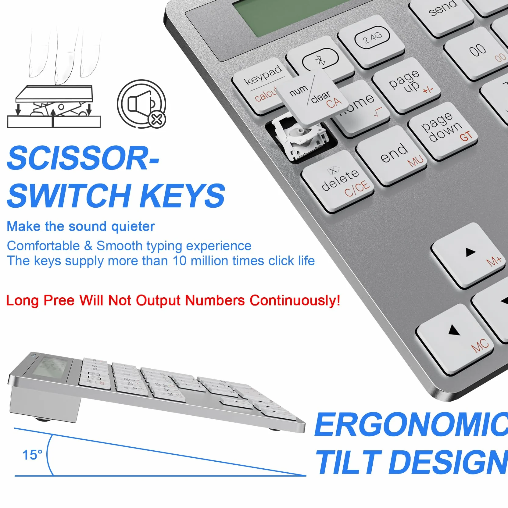 Tastierino Numerico Wireless 2.4G, Ergonomico Portatile Tastierino Numerico Bluetooth 34 Tasti con Calcolatrice Display, Tastierino Numpad Sottile per Laptop, Notebook, Desktop, Computer, PC