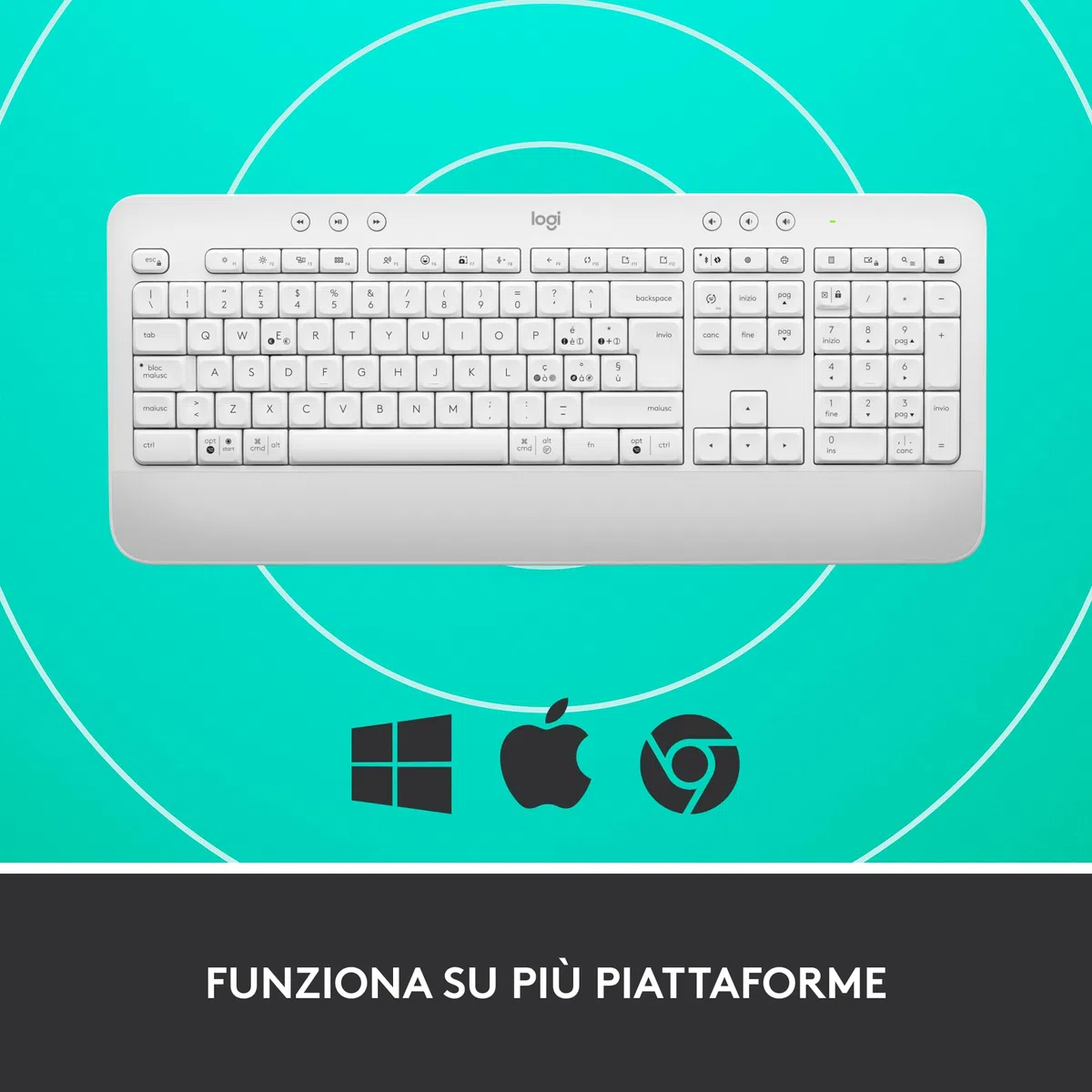 Logitech Signature K650, Tastiera Poggiapolsi Wireless Full-size con Bluetooth BLE o Ricevitore USB Logi Bolt, Tasti Smorzati e Tastierino, Compatibile con PC/Windows/Mac - Bianco