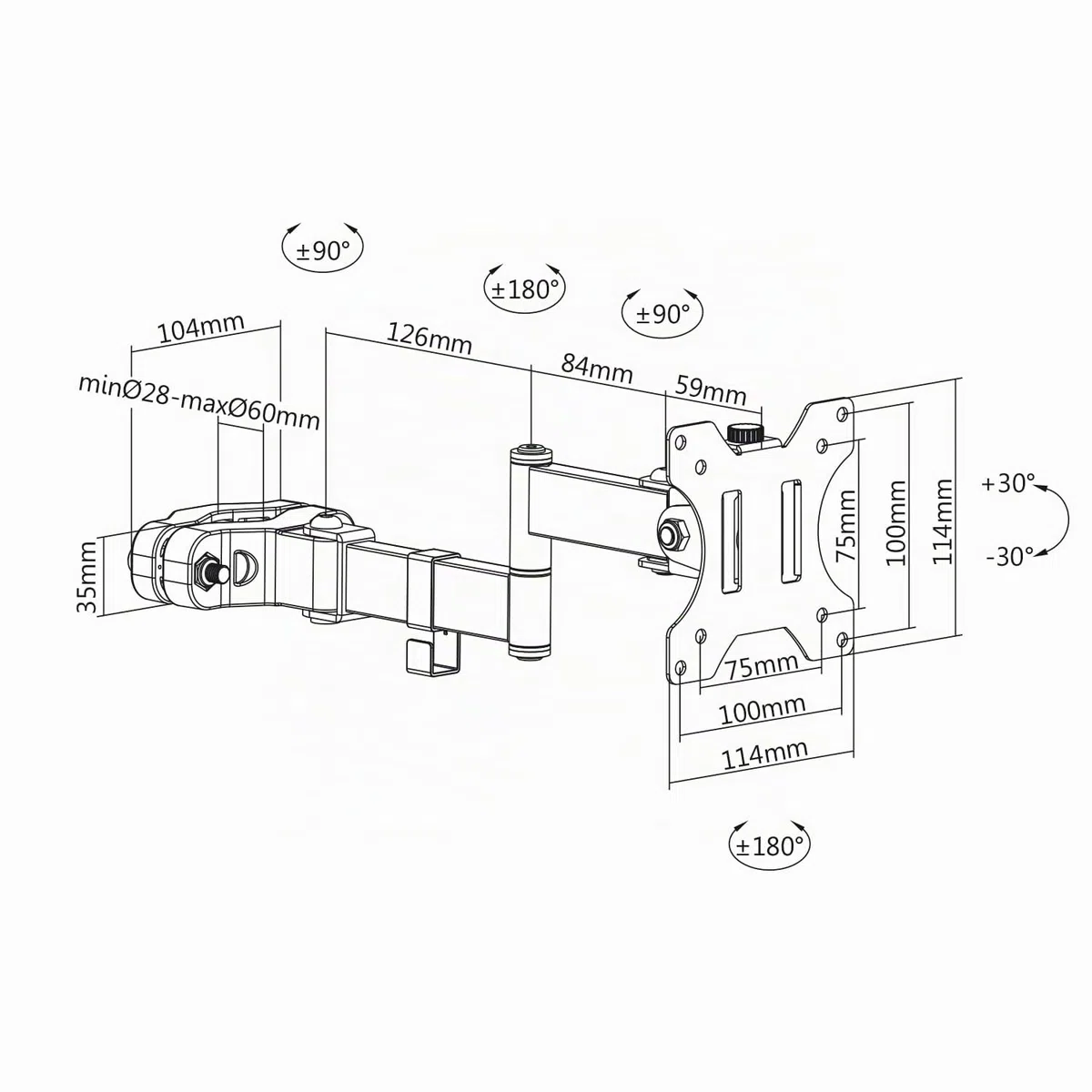 Portamonitor con doppio braccio snodato, Supporto per monitor da 17-32' fino a 8 kg, diametro del palo/tubo da 28 a 60 mm, braccio per monitor