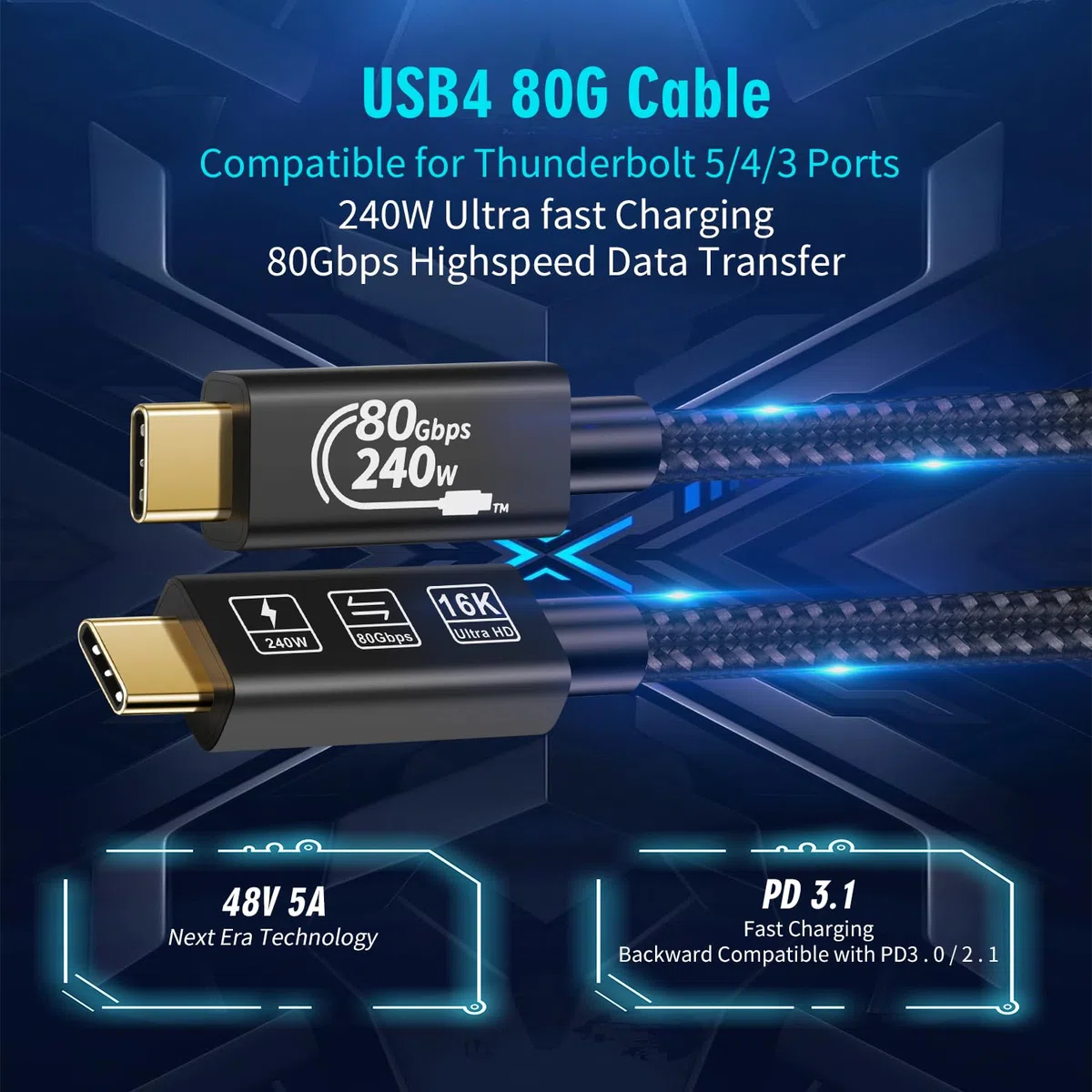 Cavo USB4, con Thunderbolt 5, ricarica 240 W, dati 80 Gbps, gen4,16K @ 60Hz 4K120Hz HDR, cavo USB C a USB C, per Hub, Dock MacBook, M4, M3, Mac Studio (TB5 80G 240W 1.5M)
