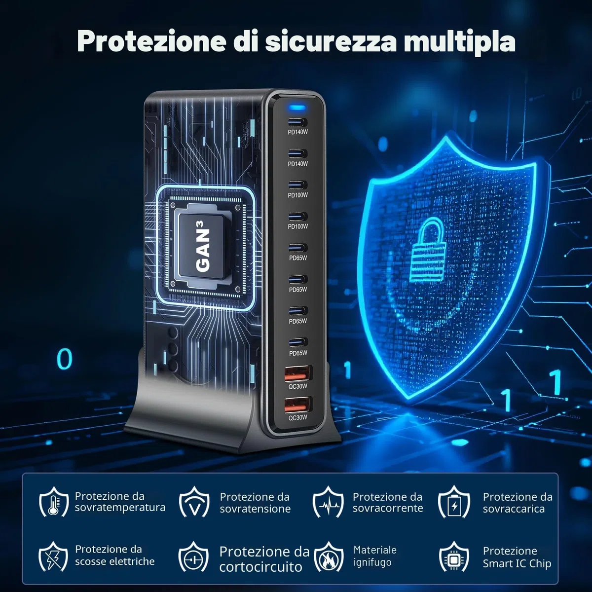 800W Caricatore USB Multiplo - 10 Porte (8 USB-C + 2 USB-A) con Ricarica Rapida, Stazione di Ricarica Compatta per Multi Dispositivi, Compatibile con MacBook, iPad, iPhone 16/15/14, Galaxy S22/S20