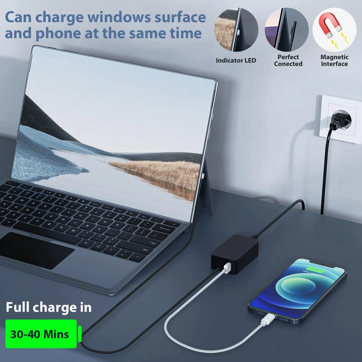 Alimentatore Surface 65W 15V 4A Caricatore per Microsoft Surface Pro 11/10 /9/8/7/7+ /X/6/5/4, Surface Laptop 7/6/5/4/3/2, Surface Book 3/2/1 Surface Go 4/3/2 1706 1800 Caricabatterie con USB