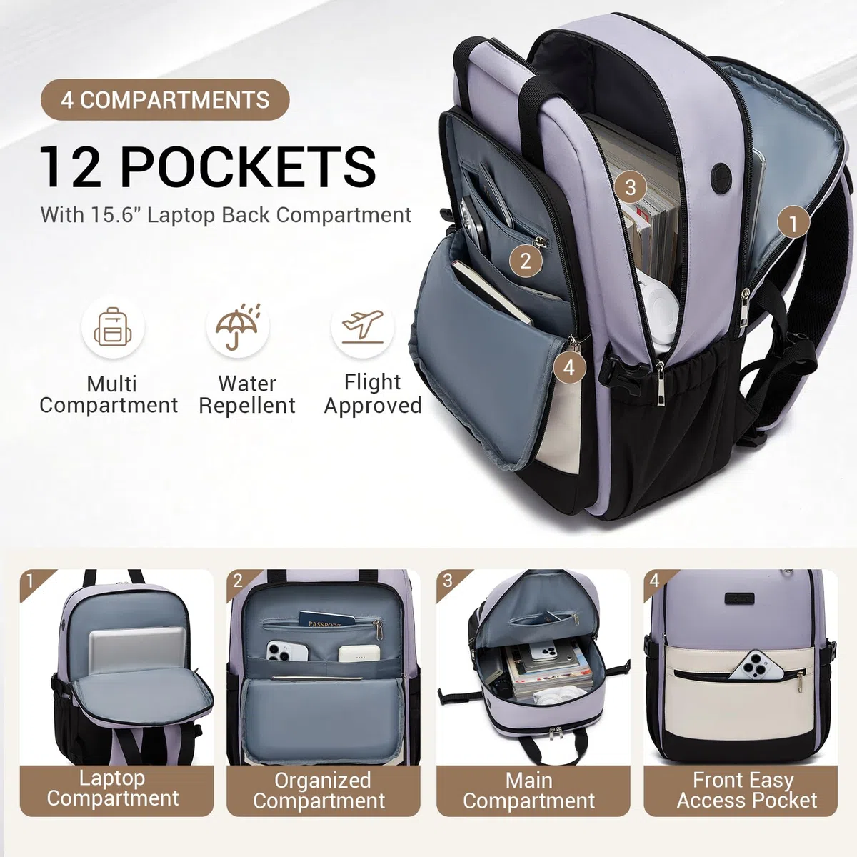 KONO Zaino Donna Porta PC 15,6 Pollici, Impermeabile, Grande Capacità con Tasca Porta Borraccia, Zaino per PC Portatile per Lavoro, Università e Viaggio (Viola/Beige)