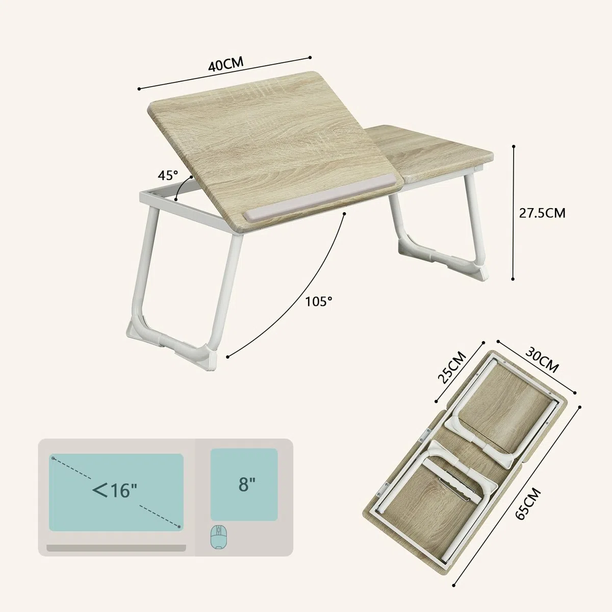 MEUBLE COSY Tavolino Pieghevole Vassoio da Letto Scrivania per Laptop PC Divano Supporto Regolabile e Portatile, Rovere + Bianco