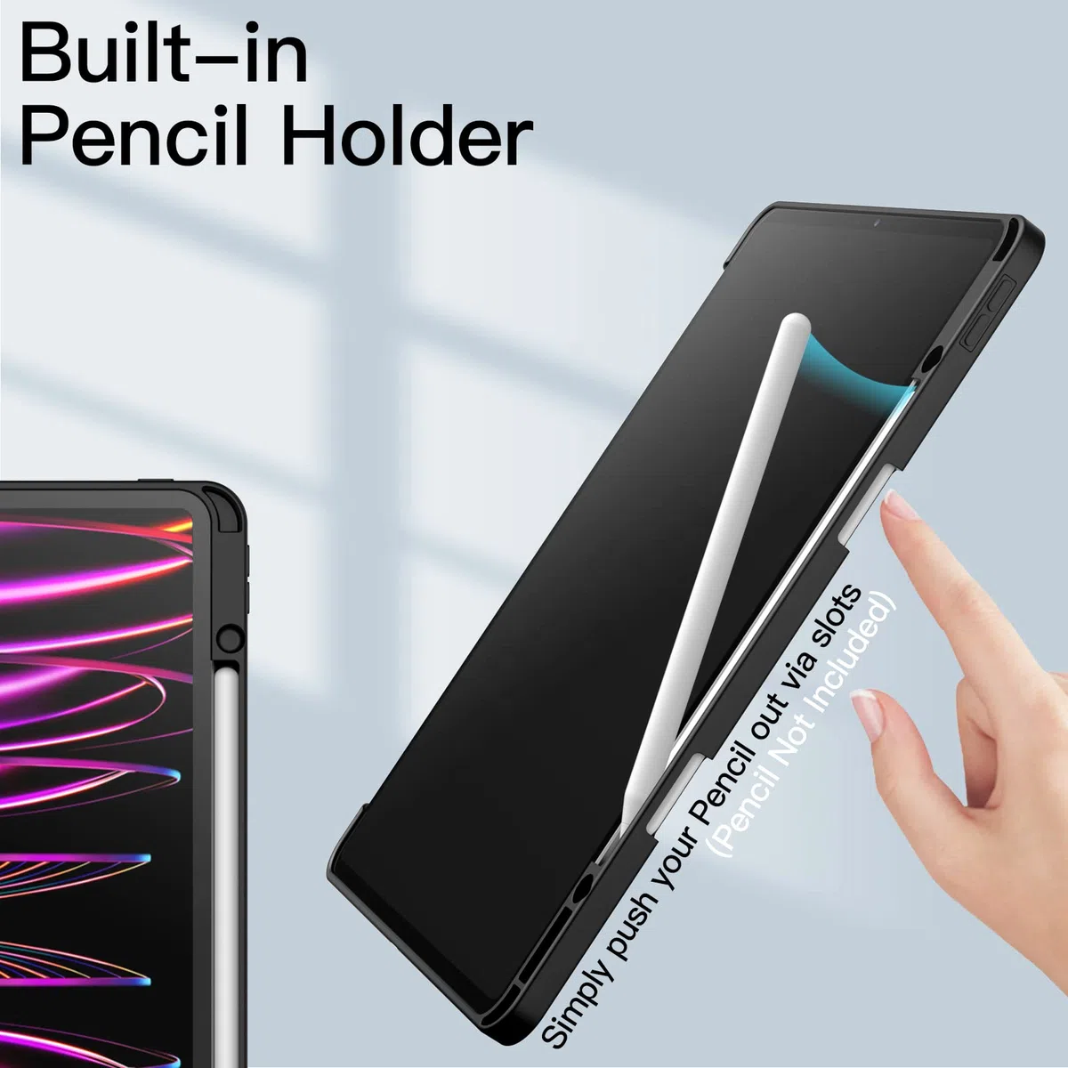 JETech Custodia per iPad Pro 12,9 Pollici (2022/2021/2020/2018) con Portapenne, Posteriore Chiaro Trasparente Supporto Sottile per Tablet Cover Antiurto (Nero)