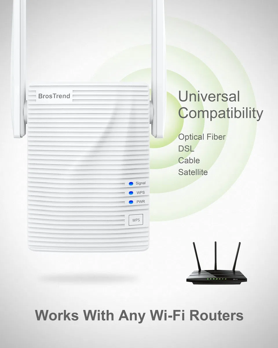 BrosTrend Ripetitore WiFi Potente per Casa, AC1200 WiFi Extender Dual Band Amplificatore Segnale Wi-Fi, 1 Porta LAN Potenziatore Segnale Wi-Fi Compatibile con Tutti i Modem Router Inclusi Fibra e ADSL