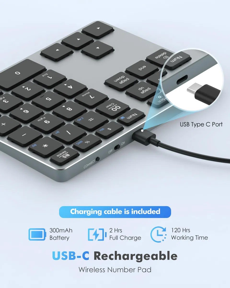 MoKo Tastiere Numeriche Bluetooth, Tastiera Wireless Ricaricabile a 35 Tasti, Keypad Wireless Bluetooth 2.4 GHz, Tastierino Numerico Bluetooth per Laptop Computer Tablet MacBook iPad, Grigio Scuro