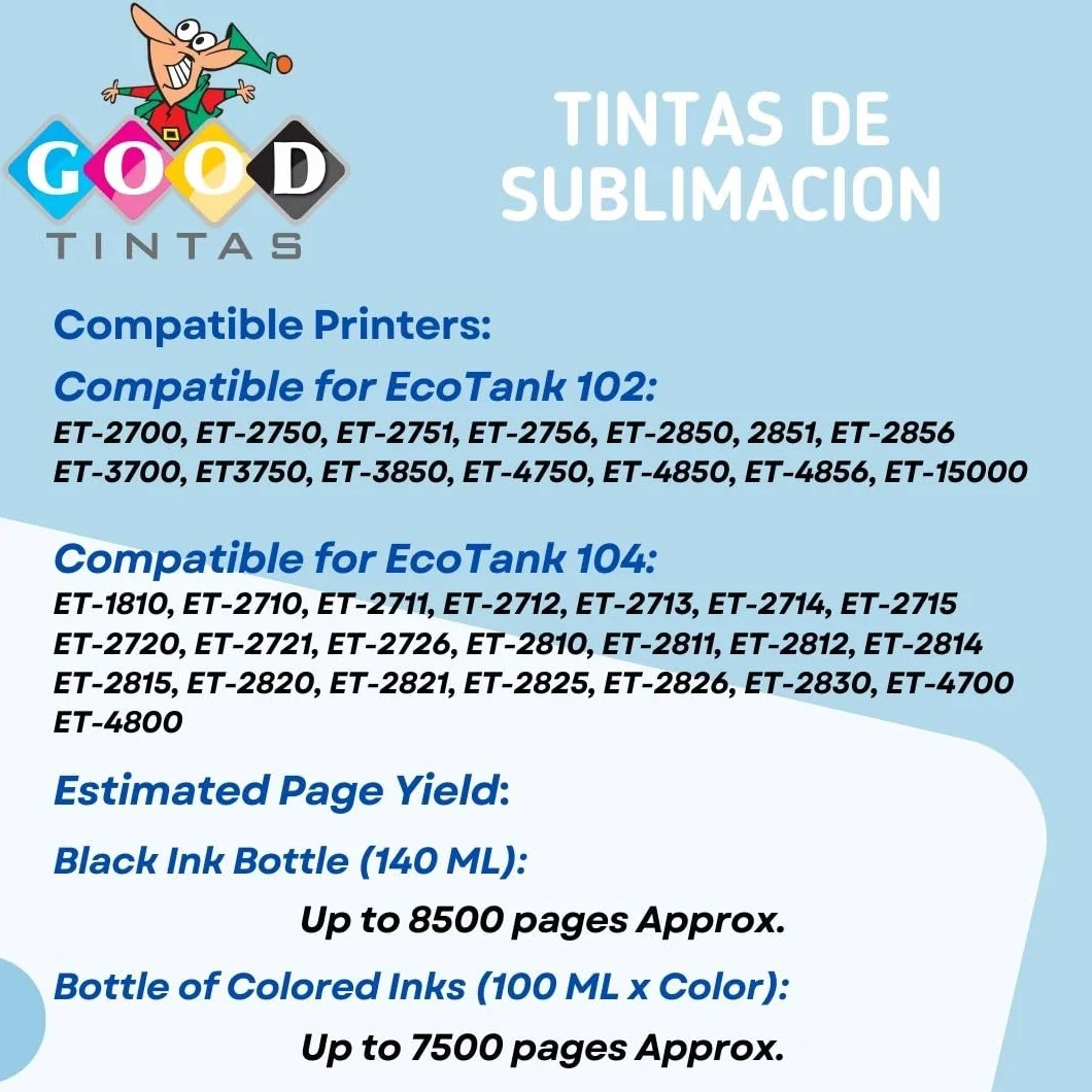 Inchiostro a sublimazione da 440 ml, compatibile con stampanti EP Ecotank Supertank serie 102 104 per trasferimento di stampa di calore su tazze, custodie per telefoni, magliette, borse,