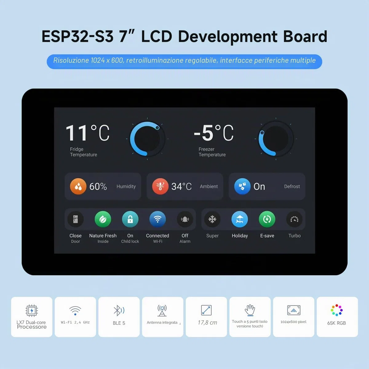 Waveshare ESP32-S3 Display 7inch LCD Development Board, 1024x600 Resolution, 32-bit LX7 Dual-Core Processor 240MHz, Wi-Fi & Bluetooth Support, Onboard Antenna, with Touch