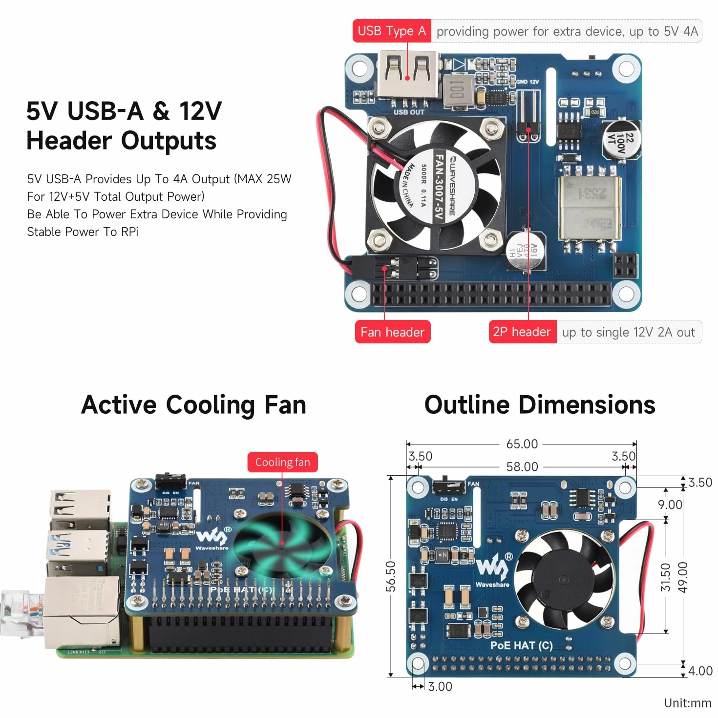 Waveshare PoE HAT (C) For Raspberry Pi 3B+/4B, 802.3af/at Power-Sourcing Equipment Required