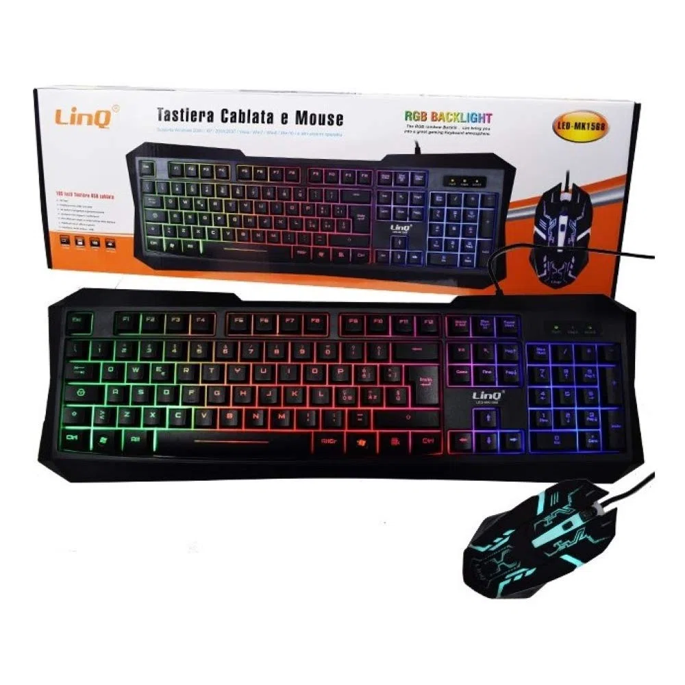 MYKA Tastiera E Mouse RETROILLUMINATI Gaming con Cavo USB LINQ LED-MK1568 LWD RGB ERGONOMICA