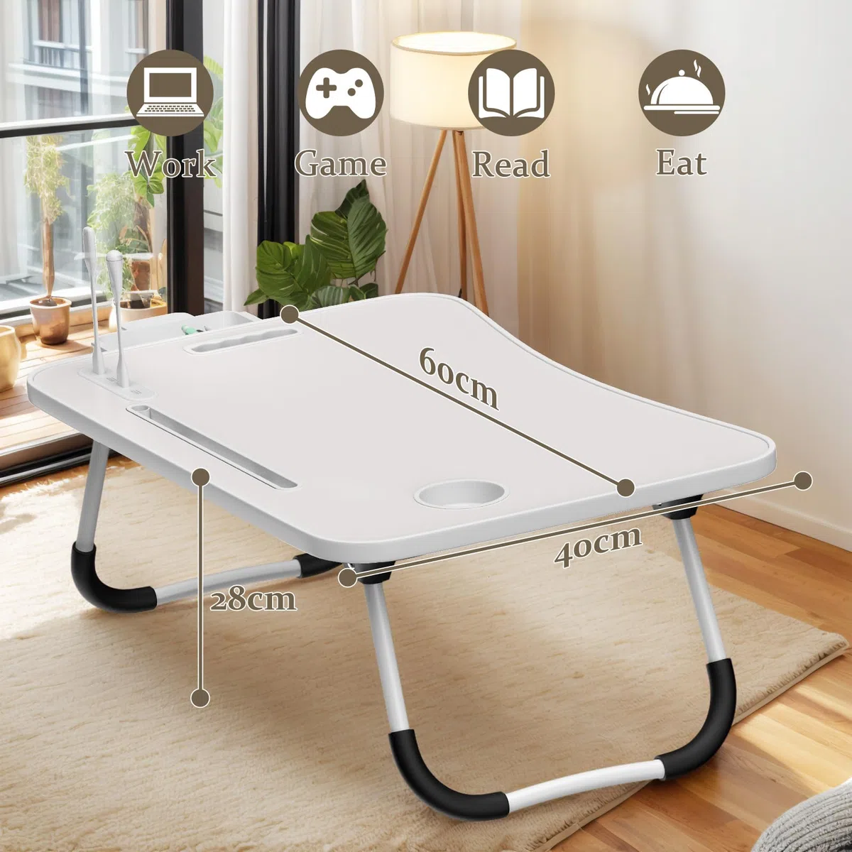 Huracan Tavolino da Letto, Tavolo Laptop Vassoio da Letto Pieghevole con 3 Interfaccia USB, Cassetto, Slot per Tazza, scrivania da letto, tavolo da letto pc per Divano, Pavimento, Mangiare (Bianco)