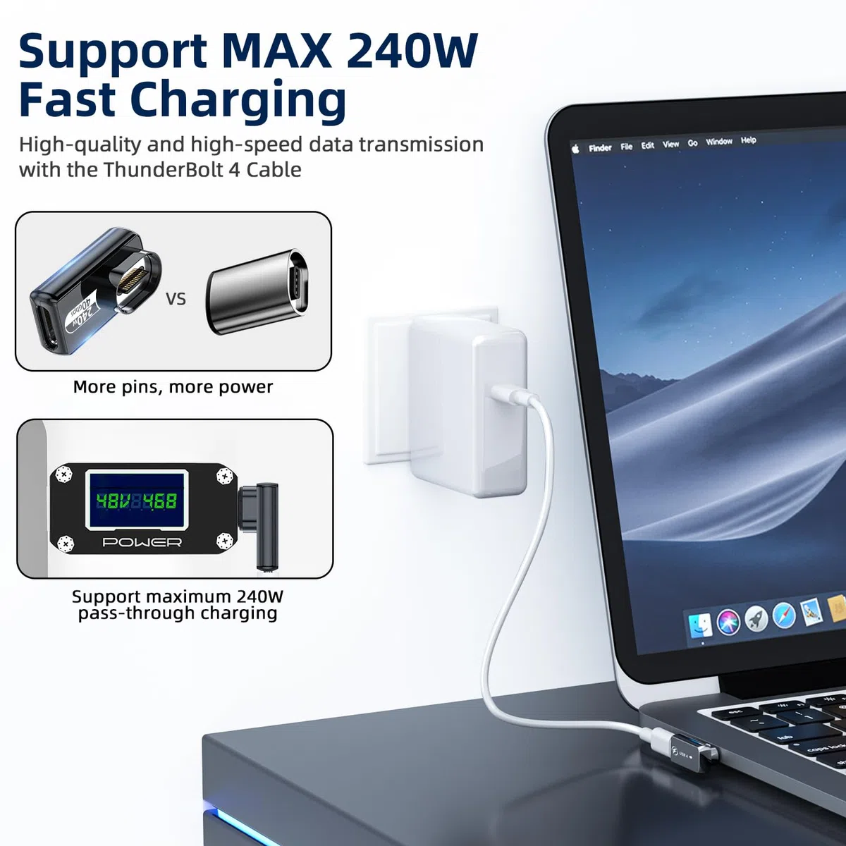 Adattatore magnetico USB-C 240 W (2 pezzi) adattatore magnetico USB-C a 90 gradi, 24 pin, con ricarica rapida PD, USB 4, 40 Gbps, 8 K, 60 Hz per Thunderbolt 3/4, MacBook Pro/Air e altri dispositivi di