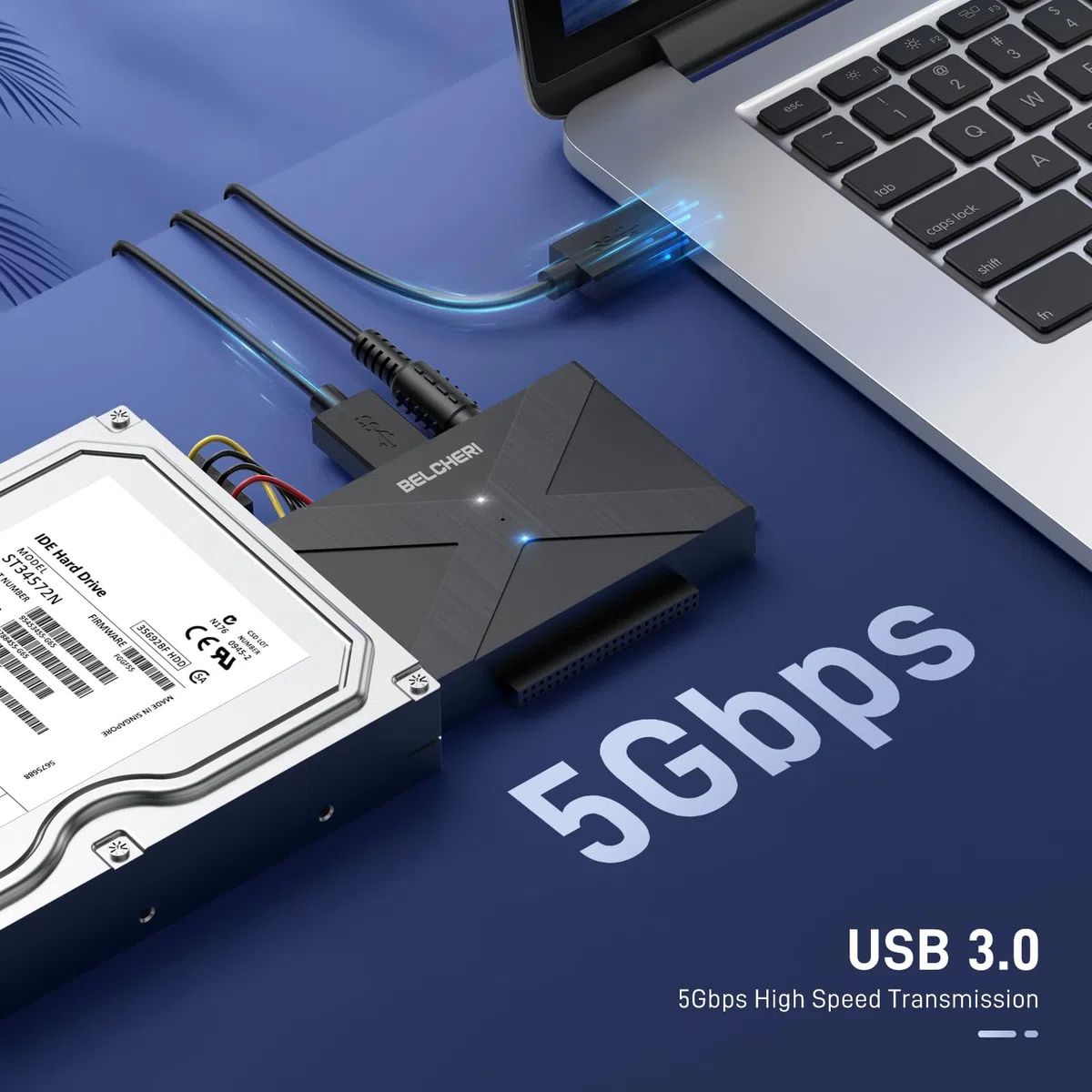 Adattatore USB 3.0 a IDE e SATA, Adattatore per Disco Rigido Esterno Universale da 2,5 o 3,5 Pollici SATA o IDE HDD SSD, Convertitore IDE e SATA con Adattatore di Alimentazione da 12V