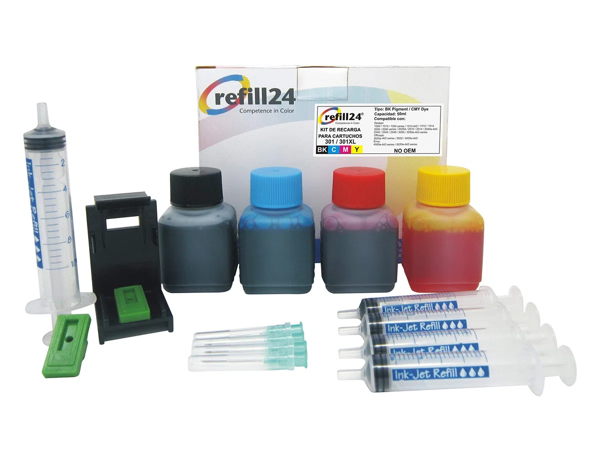refill24 Kit di ricarica compatibile per cartucce d'inchiostro HP 301, 301 XL nero e a colori, include clip e accessori + 200 ml inchiostro