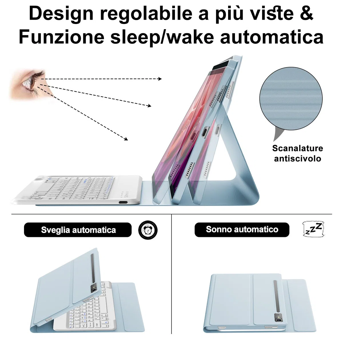 IVEOPPE Tastiera per Lenovo Tab P12 12.7" 2023, Cover Custodia Cover Tastiera Layout Italiano Rimovibile Bluetooth per Lenovo Tab P12 12.7 Pollici 2023 TB370FU, Blu cielo