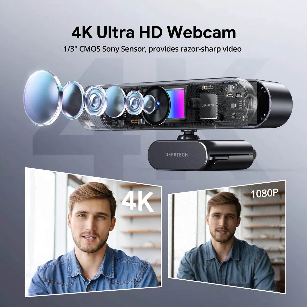 DEPSTECH DW50 Pro Webcam 4K, Zoom Ottico 3X Webcam PC con Doppio Microfono e Telecomando, Sensore Sony, Microfoni con Cancellazione del Rumore, Auto-Focus, Telecamera PC per Riunioni, Conferenze, Live