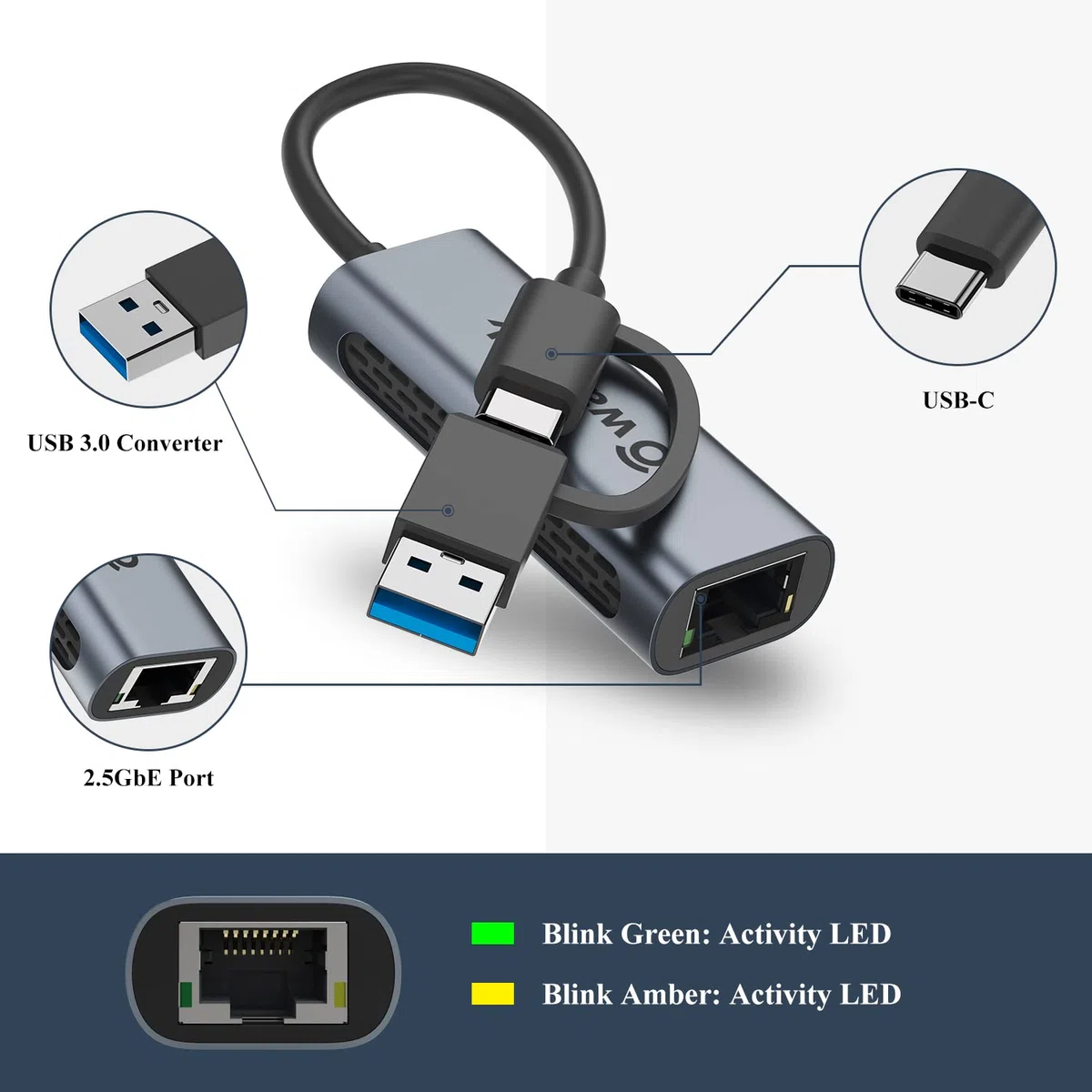 WAVLINK Adattatore USB C/A a Ethernet 2.5G 2500Mbps, Thunderbolt 3/RJ45, Plug & Play, Guscio Alluminio, Compatibile con Mac/Windows/Linux