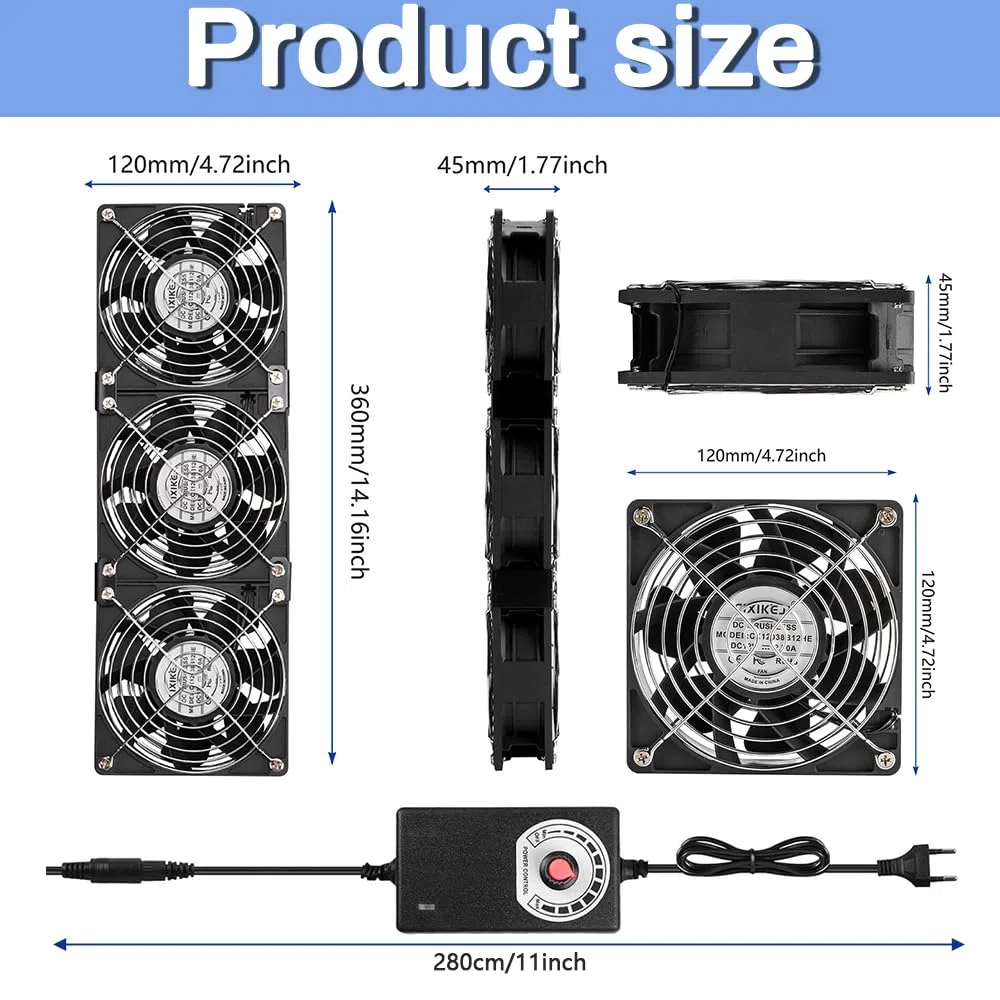 Lot di 3 ventole PC da 120 mm 12 V con presa di alimentazione e regolatore di velocità continuo da 12 V potente per computer, laptop, server, PC da gioco, AV, router, router, TV Box